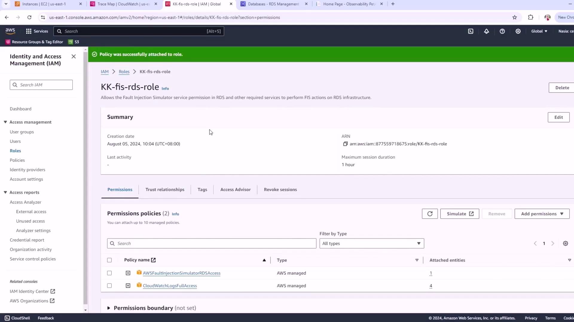 The image shows an AWS Identity and Access Management (IAM) console screen, displaying details of a role named "KK-fis-rds-role" with attached permission policies.
