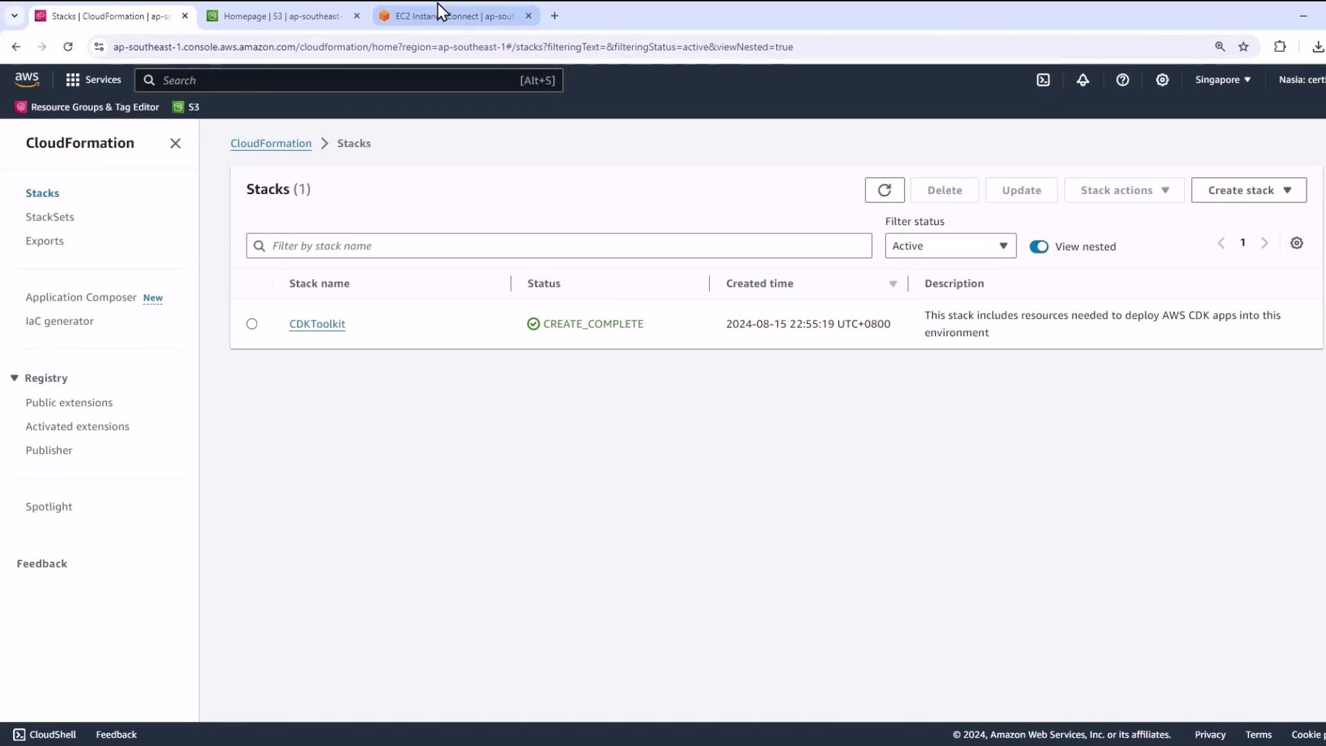 The image shows an AWS CloudFormation dashboard with a stack named "CDKToolkit" that has a status of "CREATE_COMPLETE." The stack was created on August 15, 2024, and includes resources for deploying AWS CDK apps.