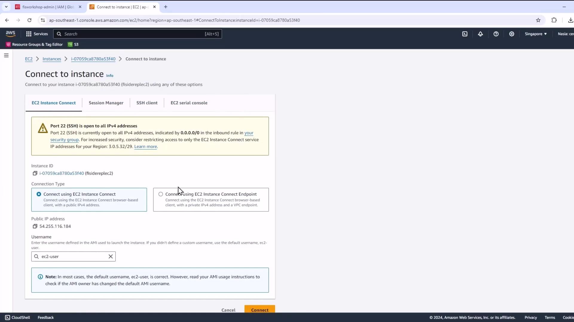 The image shows an AWS EC2 console screen for connecting to an instance, with options for EC2 Instance Connect and a warning about Port 22 (SSH) being open to all IPv4 addresses.