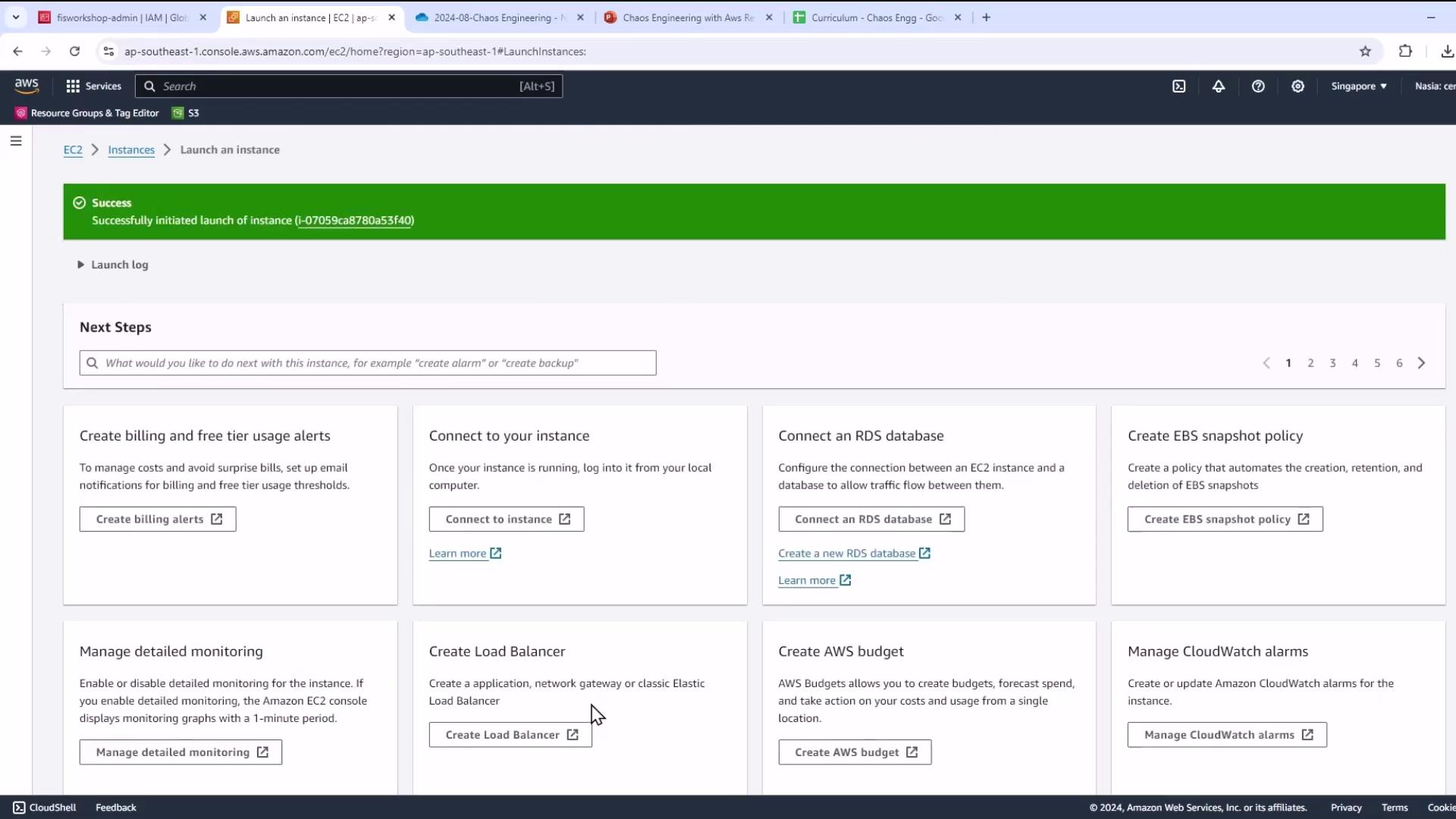 The image shows an AWS EC2 console with a success message indicating the launch of an instance. It also displays various next steps and options for managing the instance, such as creating billing alerts and connecting to the instance.
