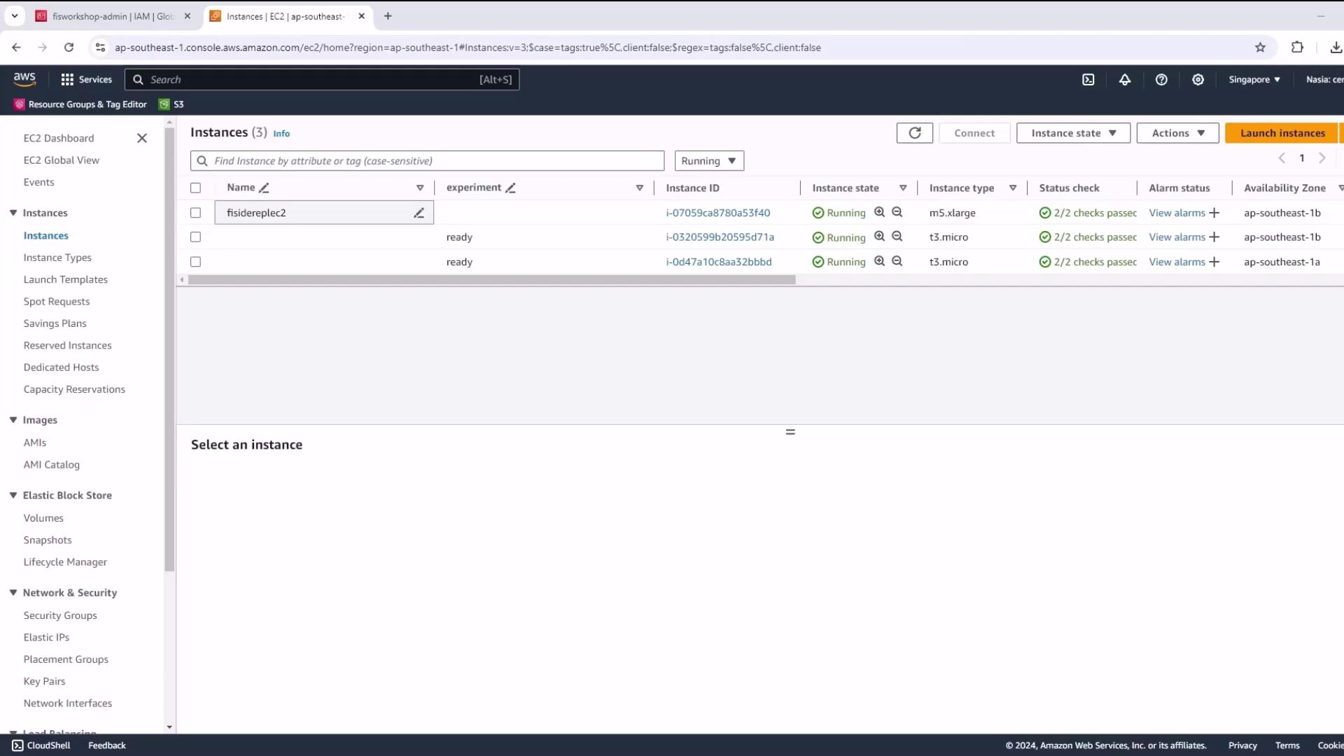 The image shows an AWS EC2 dashboard with a list of running instances, displaying details like instance ID, state, type, and availability zone.