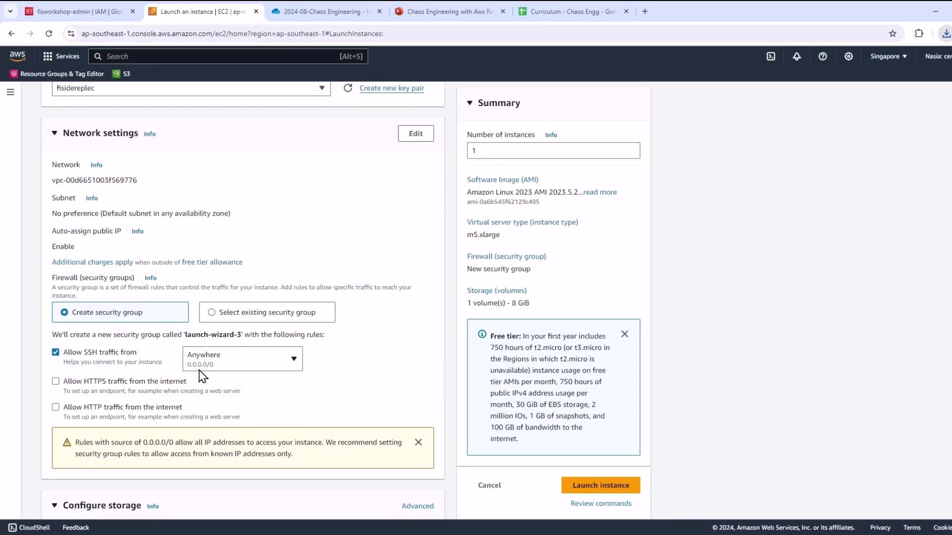 The image shows an AWS EC2 instance launch configuration screen, detailing network settings and a summary of the instance specifications.