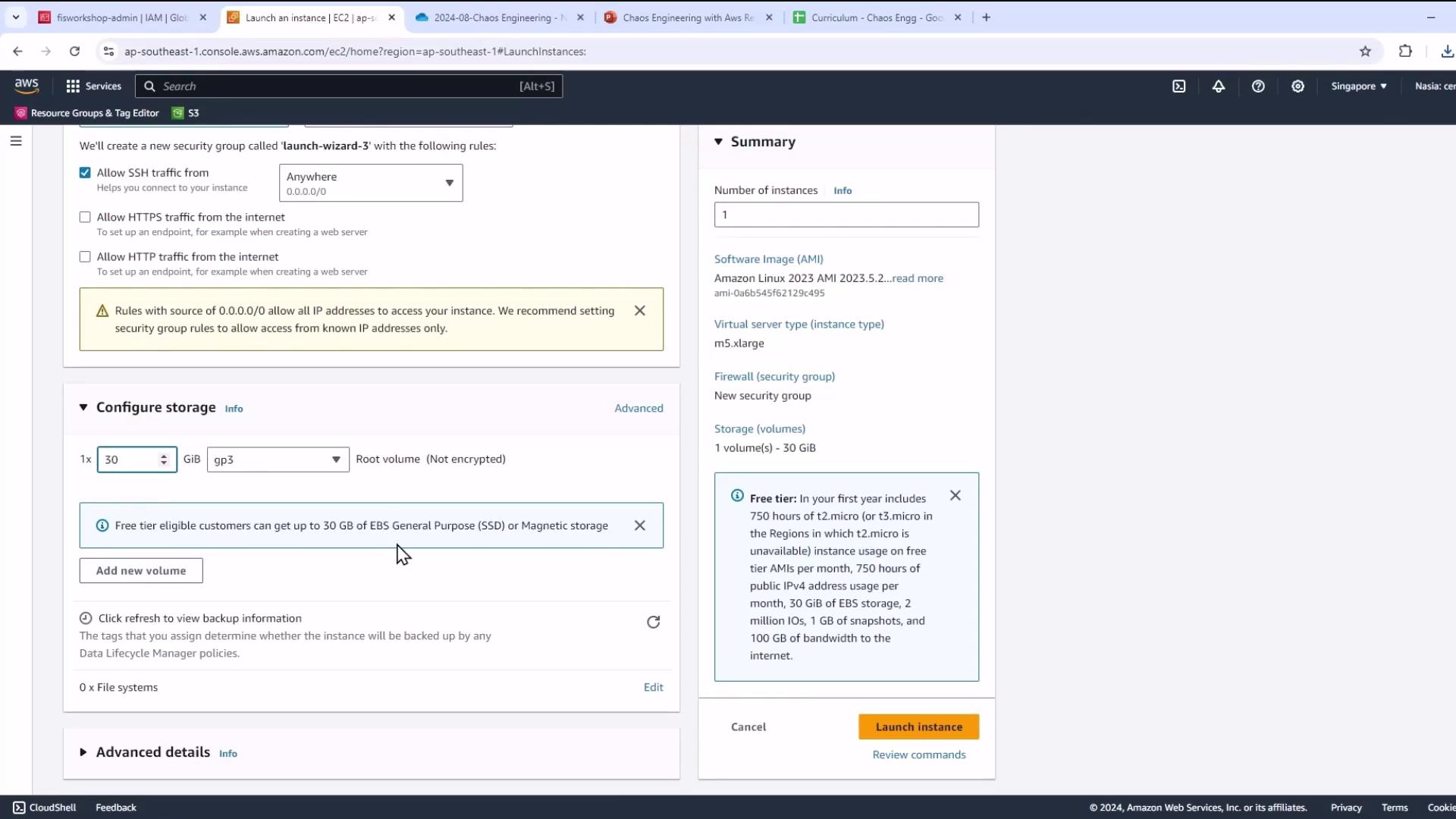 The image shows an AWS EC2 instance launch configuration screen, detailing security group settings, storage configuration, and free tier information.