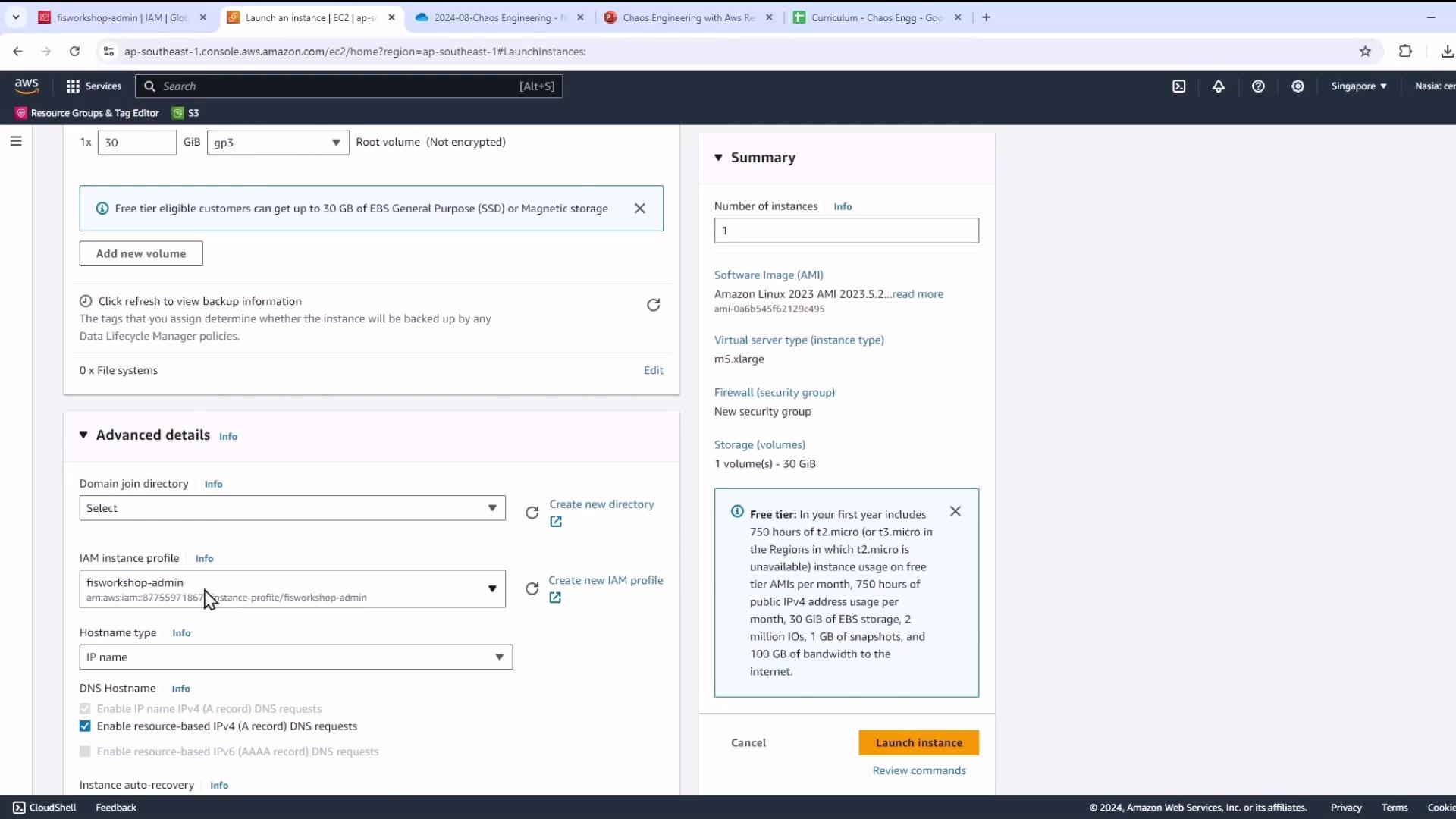 The image shows an AWS EC2 instance launch configuration screen, detailing options for storage, instance type, and advanced settings. The summary section on the right provides an overview of the selected configurations.