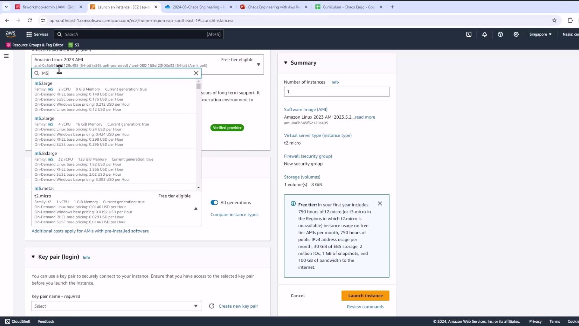 The image shows an AWS EC2 instance launch configuration screen, where a user is selecting an Amazon Machine Image (AMI) and instance type, with details about pricing and free tier eligibility.