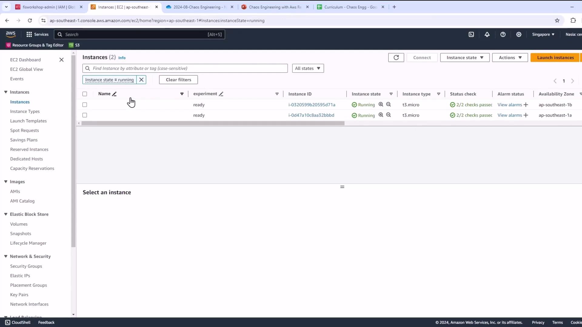 The image shows an AWS EC2 management console with two running instances listed, both of type "t3.micro" and located in the "ap-southeast-1" region.