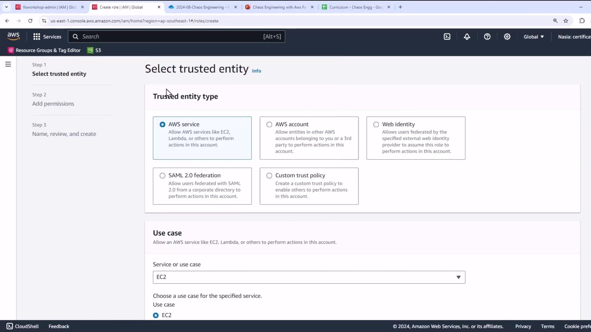 The image shows an AWS IAM console screen where a user is selecting a trusted entity type for creating a role, with options like AWS service, AWS account, and Web identity. The "AWS service" option is selected, and the use case is set to EC2.