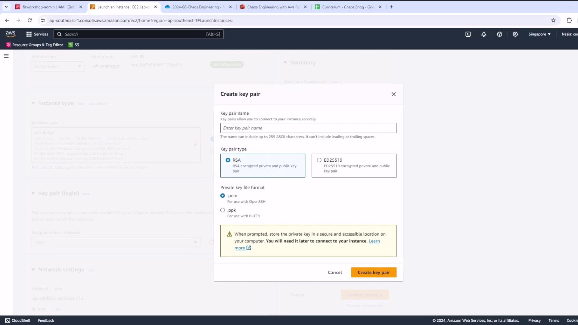 The image shows a dialog box for creating a key pair in AWS, with options to select the key pair type and private key file format.