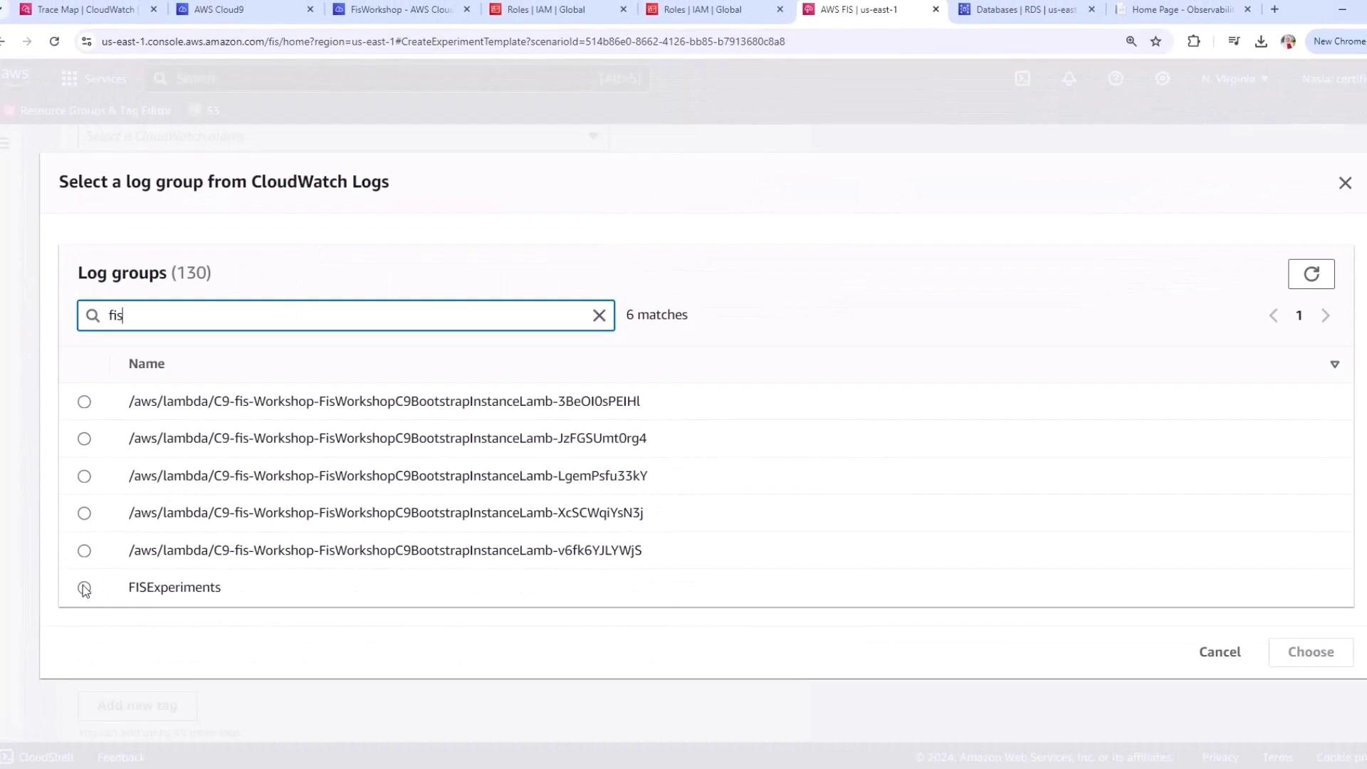 The image shows an AWS CloudWatch Logs interface where a user is selecting a log group. The search term "fis" is used, and several log groups are listed as matches.