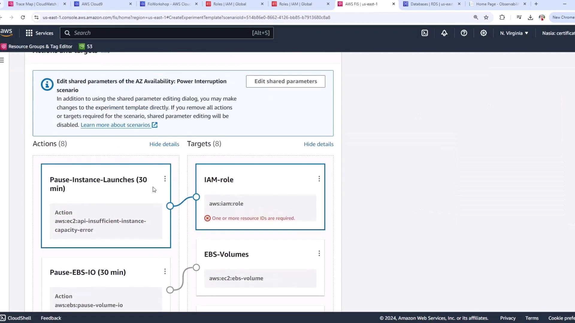 The image shows an AWS Fault Injection Simulator interface with actions and targets for a power interruption scenario, including "Pause-Instance-Launches" and "Pause-EBS-IO" actions. It highlights IAM roles and EBS volumes as targets, with a note about missing resource IDs.