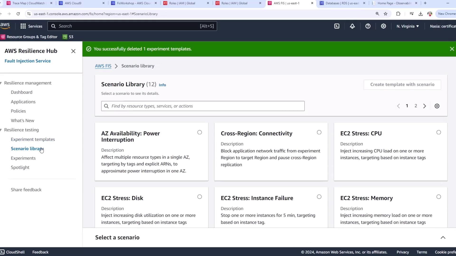The image shows the AWS Fault Injection Simulator (FIS) interface, specifically the Scenario Library, with options for different resilience testing scenarios like "AZ Availability: Power Interruption" and "EC2 Stress: CPU."