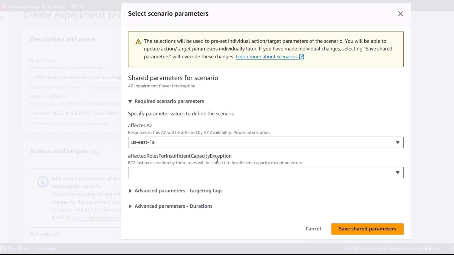 The image shows a configuration screen for selecting scenario parameters in a cloud service, specifically for setting parameters related to availability zone impairments and power interruptions.