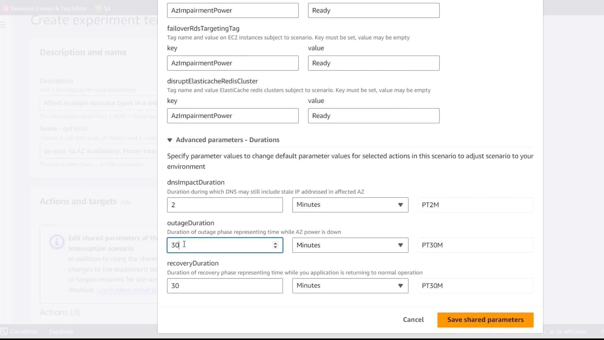 The image shows a configuration screen for setting parameters related to power impairment scenarios, including DNS impact, outage, and recovery durations.