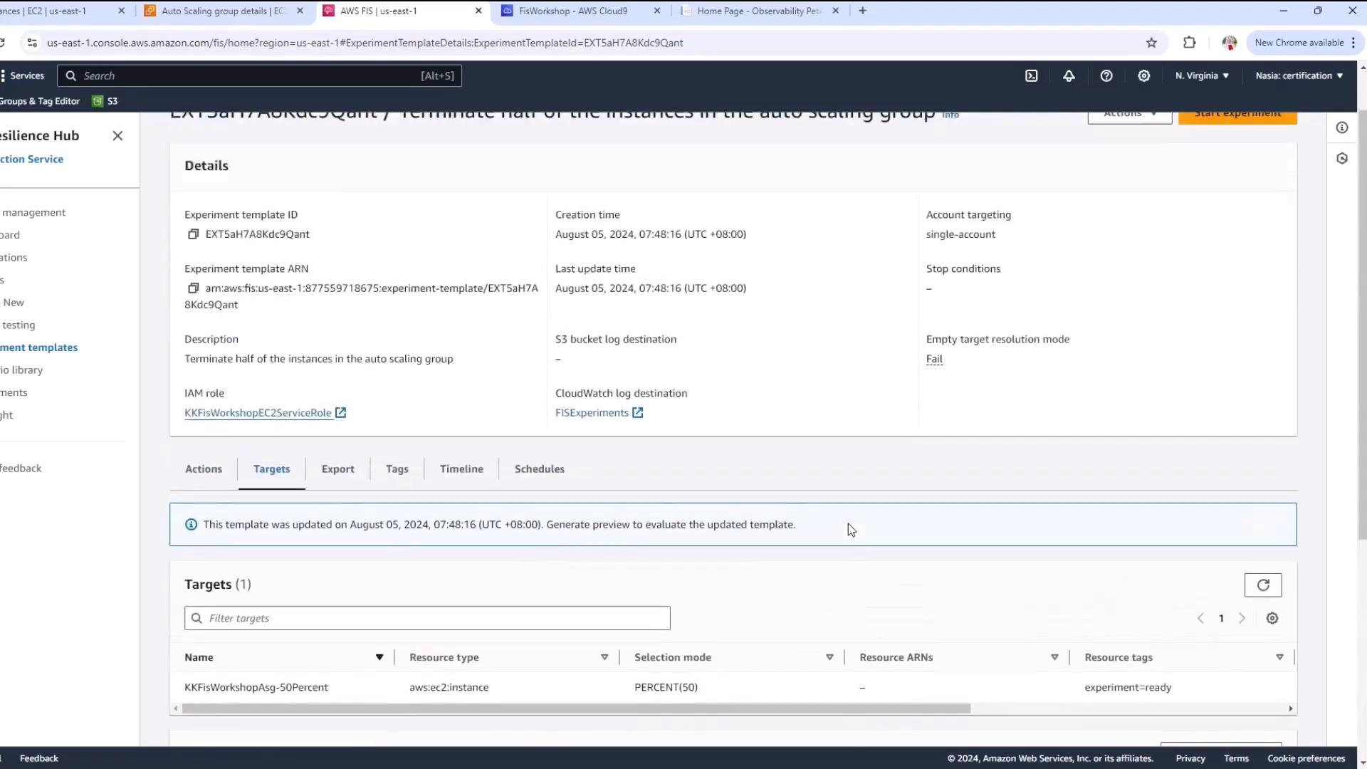The image shows an AWS console screen displaying details of an experiment template for terminating half of the instances in an auto-scaling group. It includes information such as the experiment template ID, ARN, description, and target settings.