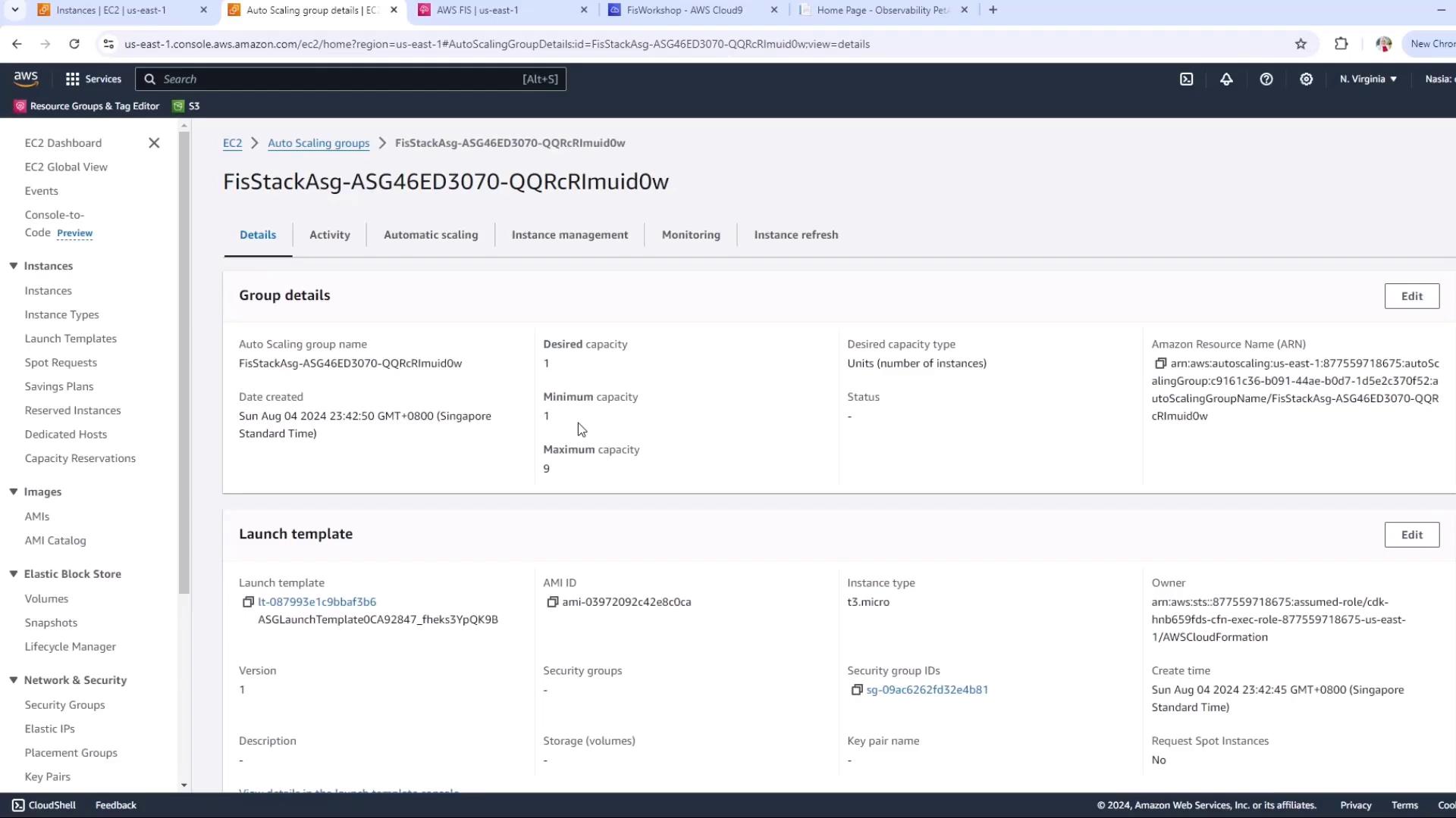 The image shows an AWS EC2 Auto Scaling group details page, displaying information about group capacity, launch template, and associated resources. It includes settings like desired, minimum, and maximum capacity, as well as launch template details such as instance type and AMI ID.