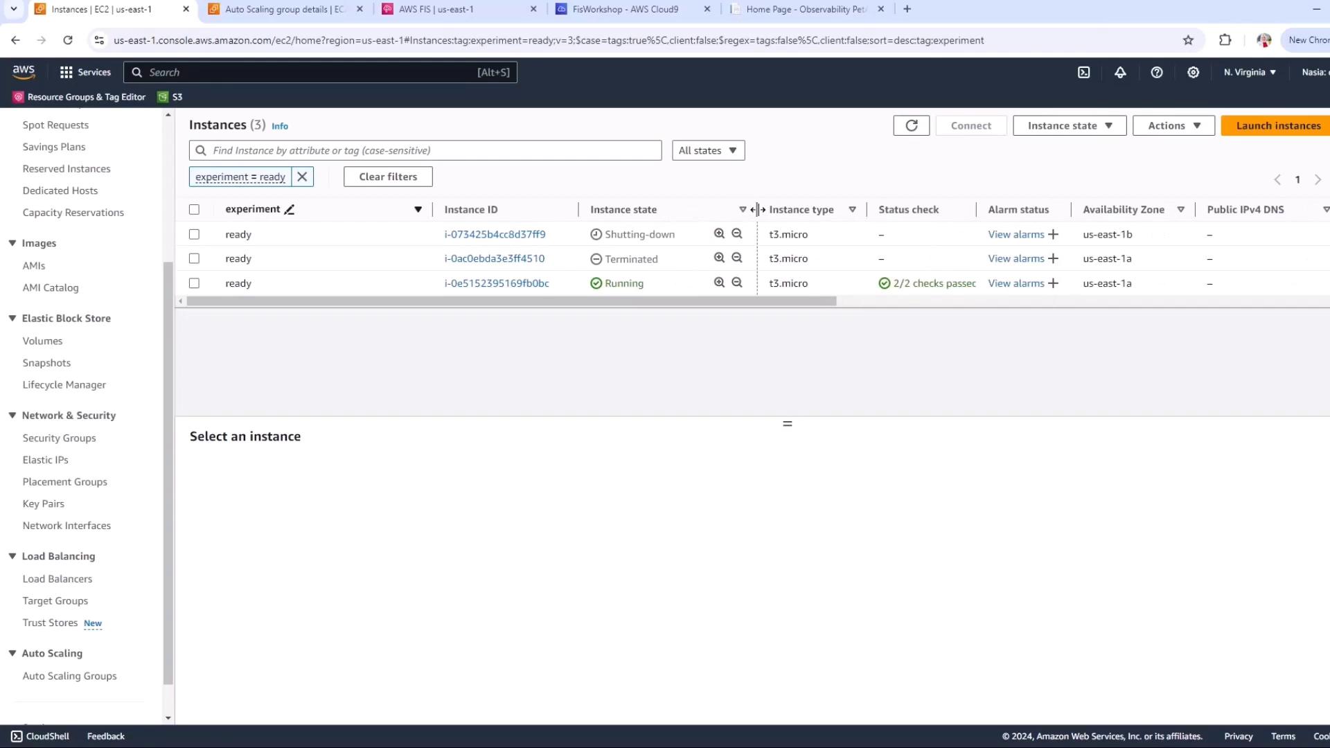 The image shows an AWS EC2 console with a list of instances, displaying their instance IDs, states, and types. One instance is running, another is shutting down, and a third is terminated.
