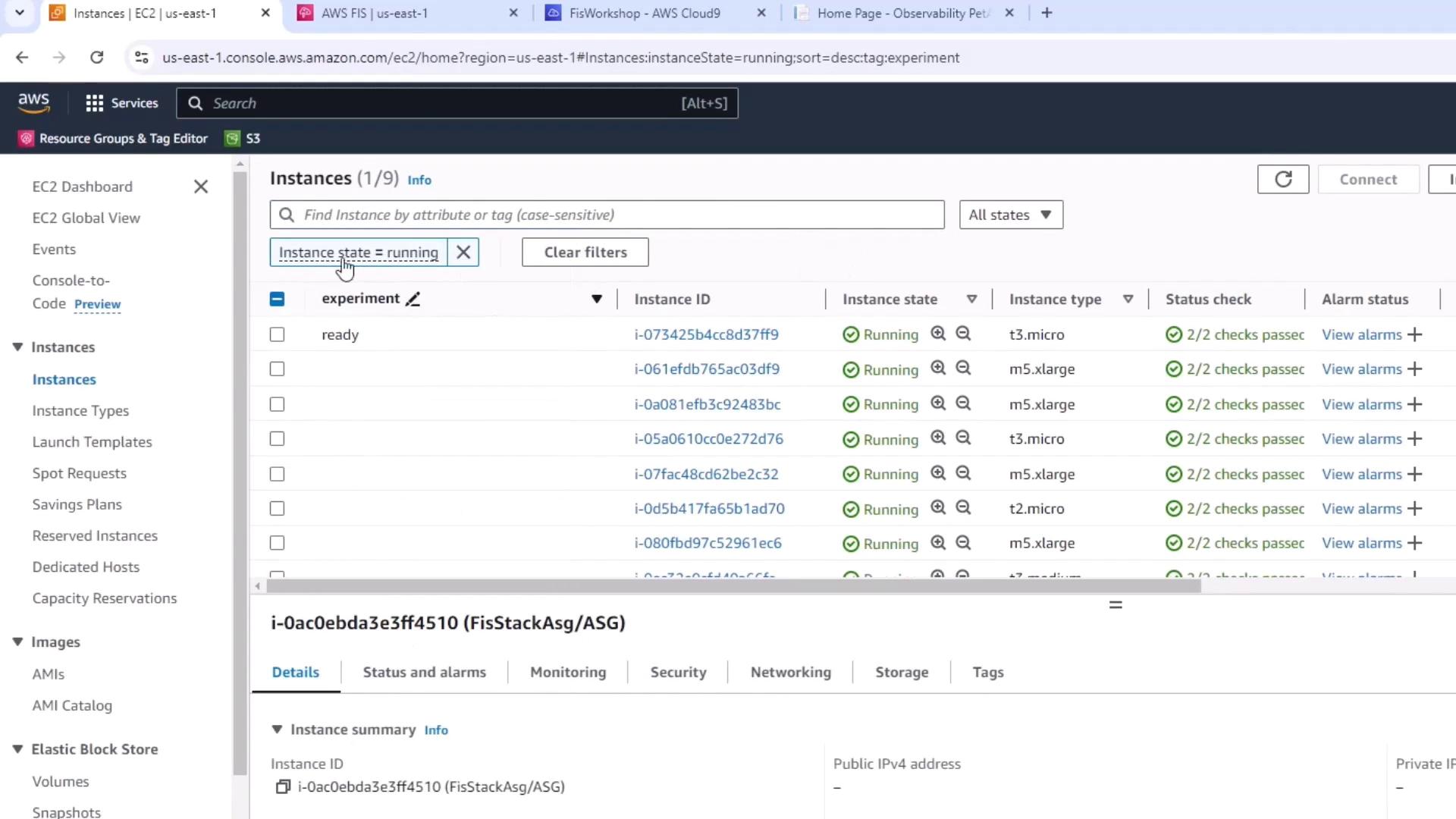 The image shows an AWS EC2 console with a list of running instances, displaying details like instance ID, state, type, and status checks. A specific instance’s summary is partially visible at the bottom.