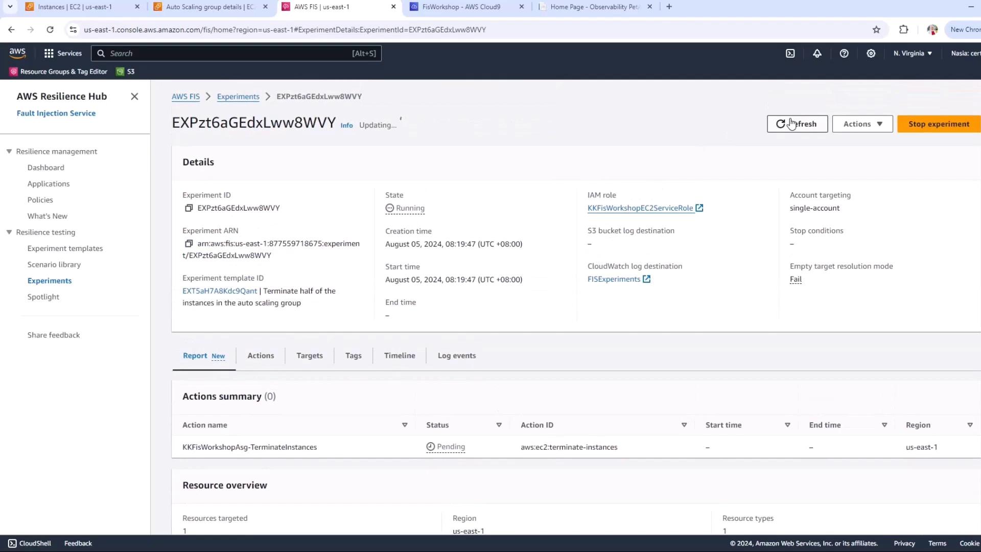 The image shows an AWS Fault Injection Simulator (FIS) dashboard with details of a running experiment, including its ID, state, and associated actions. The experiment involves terminating instances in an auto-scaling group.