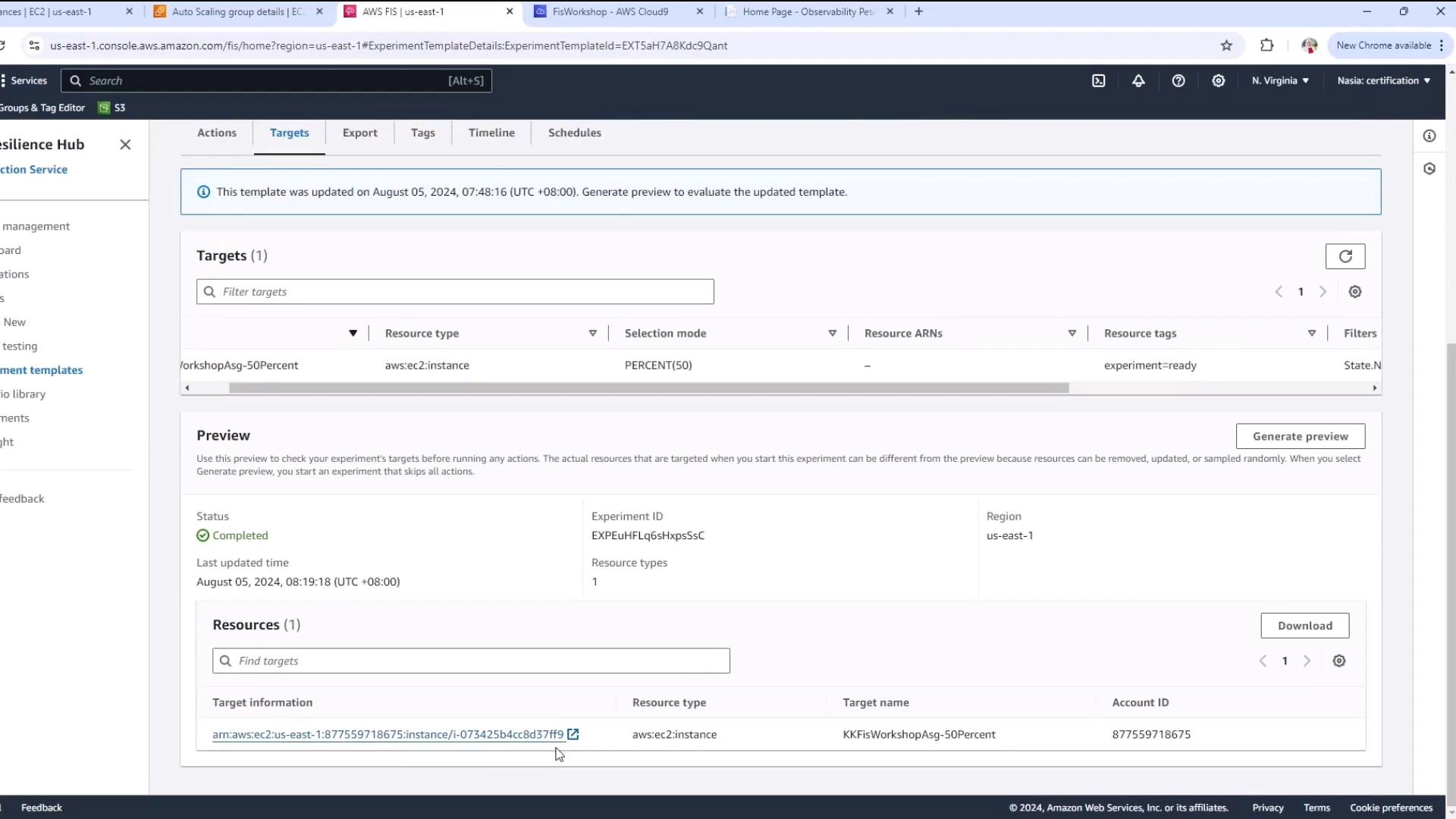The image shows an AWS Fault Injection Simulator (FIS) interface with details of an experiment template, including target information and a completed status. It displays resource types, selection mode, and experiment ID.