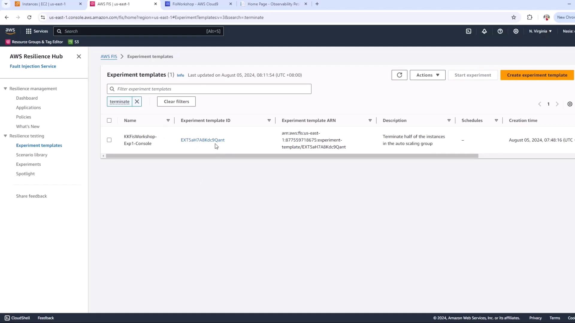 The image shows the AWS Resilience Hub interface, specifically the "Experiment templates" section, with a template listed for terminating half of the instances in an auto-scaling group.