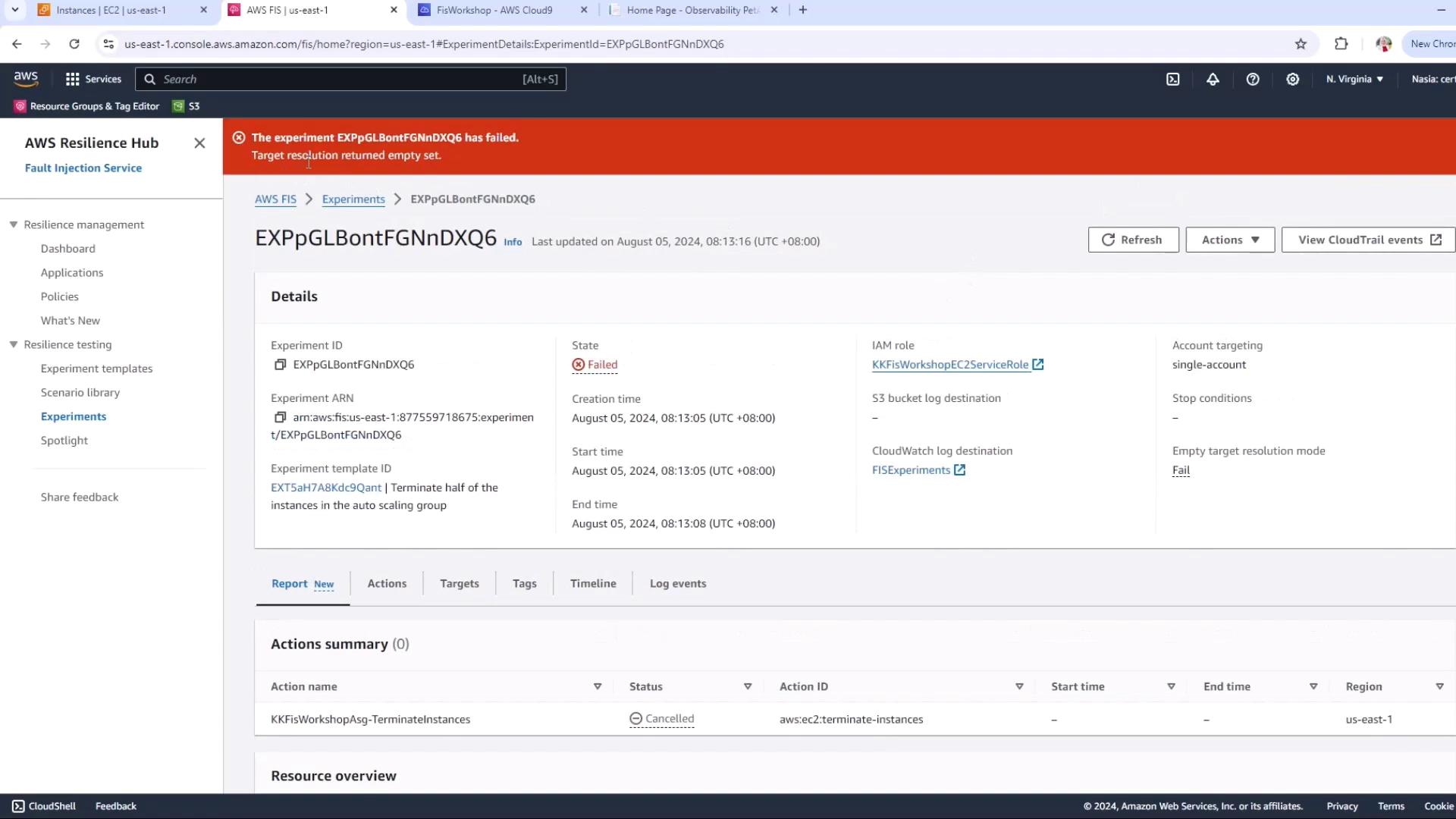 The image shows an AWS Resilience Hub interface with a failed experiment notification. It includes details about the experiment ID, state, and other related information.