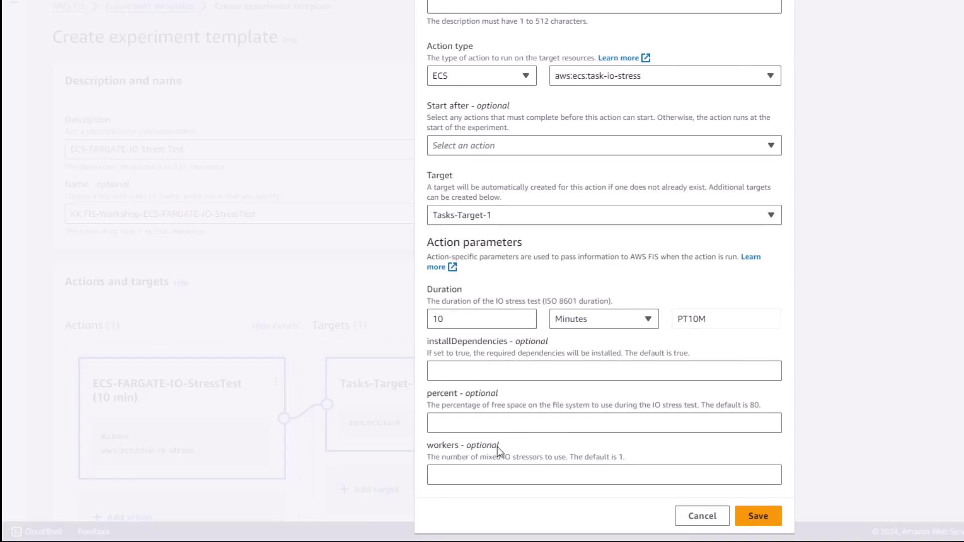 The image shows a form for creating an experiment template in AWS, specifically for an ECS Fargate IO stress test. It includes fields for action type, target, duration, and optional parameters like dependencies and workers.