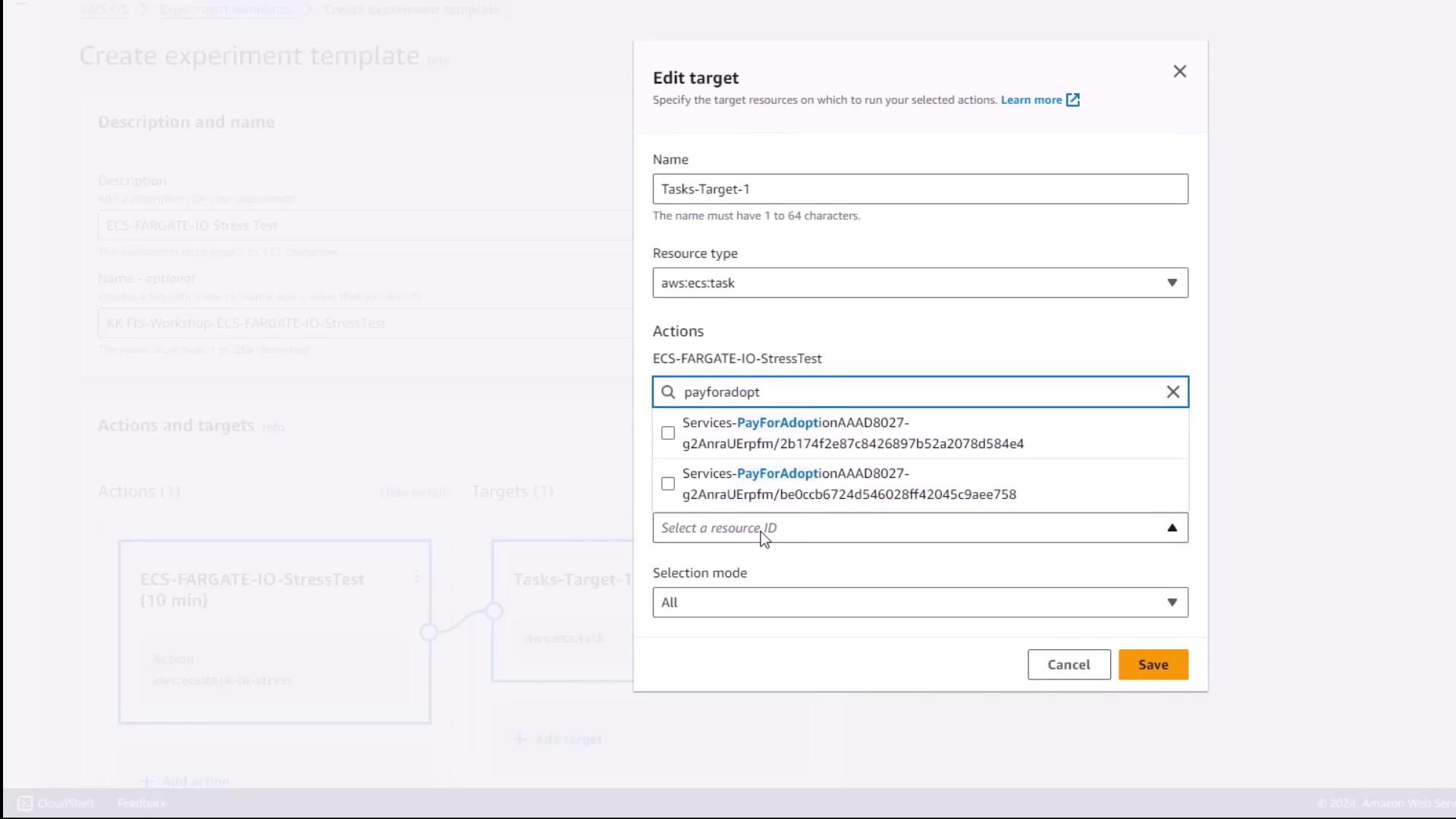 The image shows a user interface for creating an experiment template in AWS, specifically editing a target for an ECS Fargate IO stress test. It includes fields for naming, resource type, and selecting actions.