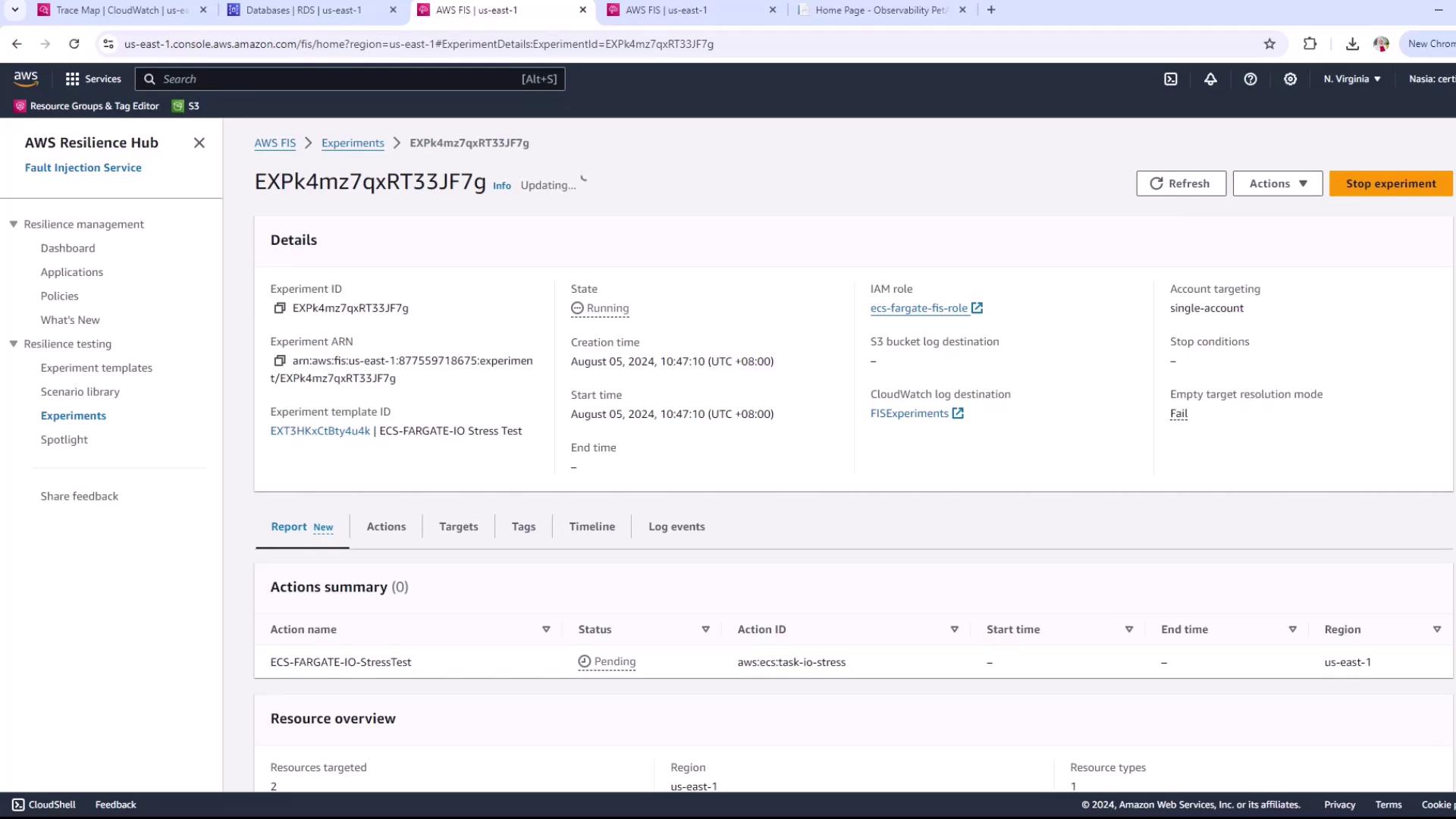 The image shows an AWS Fault Injection Simulator (FIS) dashboard with details of a running experiment, including its ID, state, creation time, and associated resources. The interface displays options for managing the experiment, such as stopping it and viewing logs.
