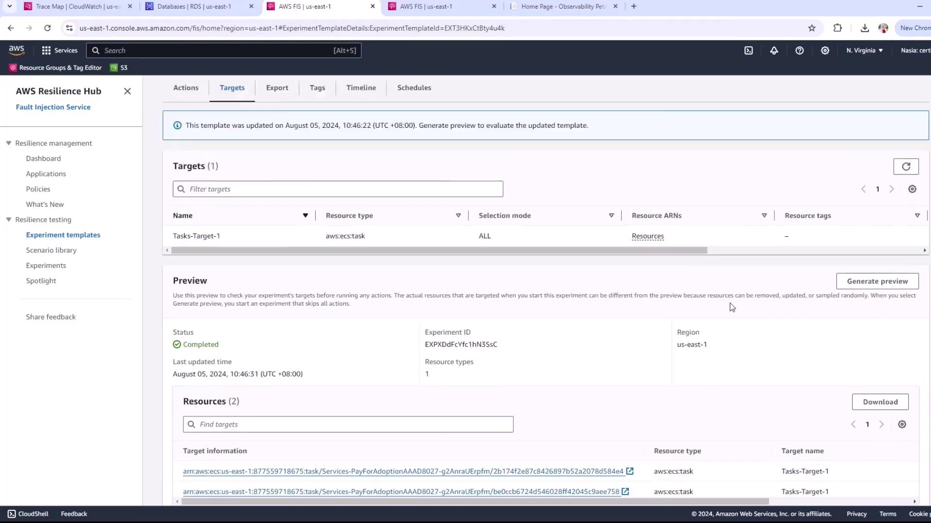 The image shows an AWS Resilience Hub interface, specifically the Fault Injection Service (FIS) section, displaying details of an experiment template with targets and a preview of resources.