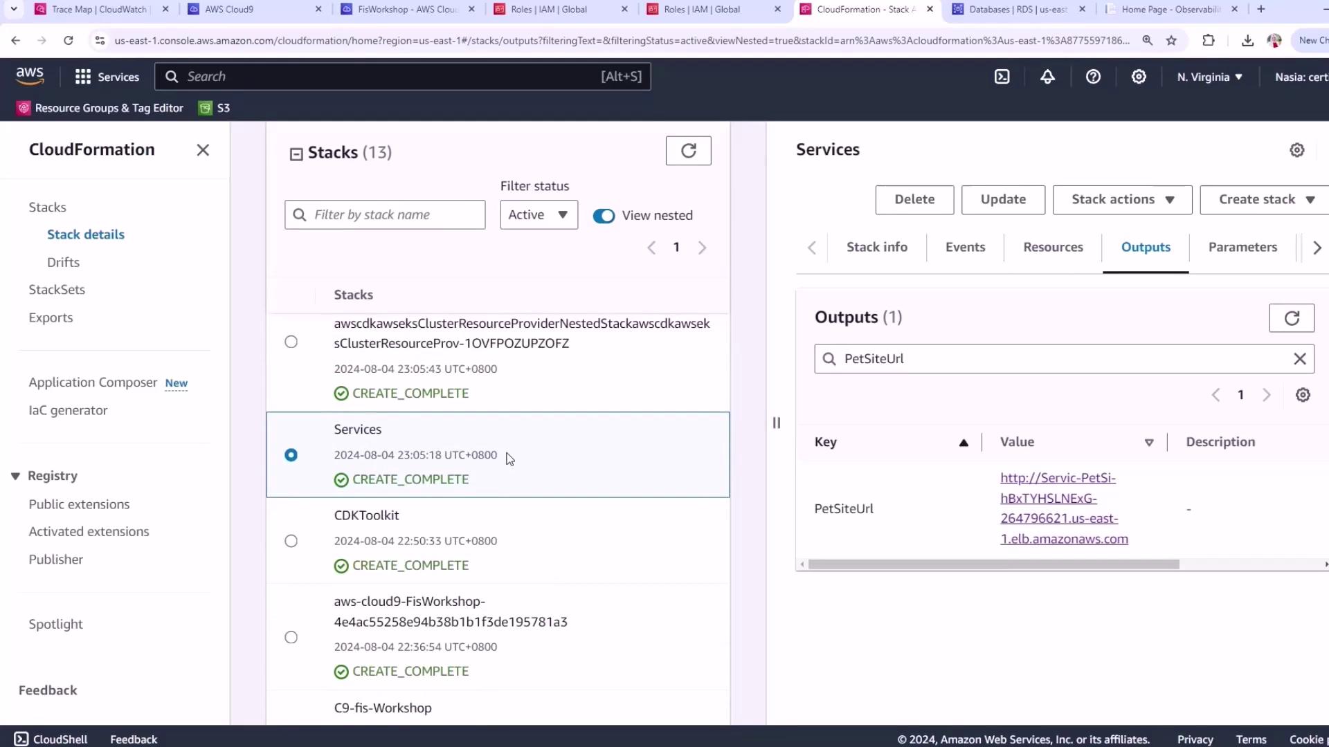 The image shows an AWS CloudFormation console with a list of stacks, all marked as "CREATE_COMPLETE." The "Outputs" section displays a key-value pair for "PetSiteUrl" with a URL value.