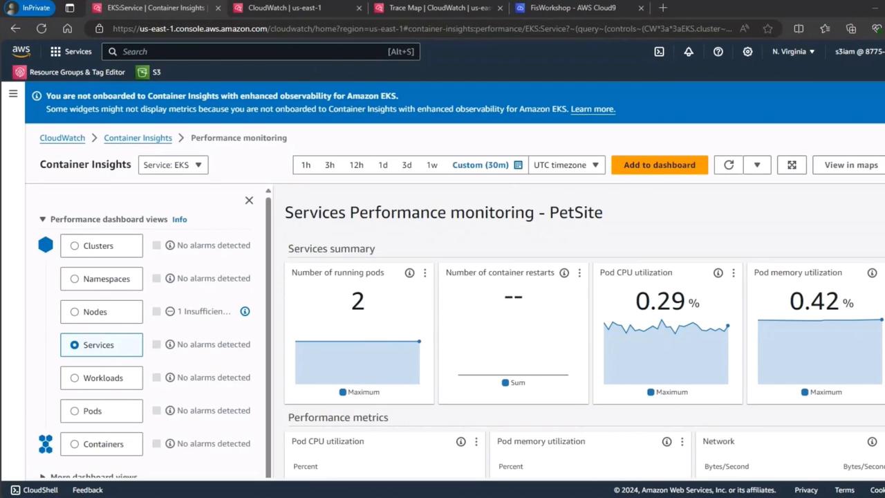 The image shows an AWS CloudWatch dashboard for Container Insights, displaying performance metrics for a service named "PetSite," including running pods, CPU utilization, and memory utilization.