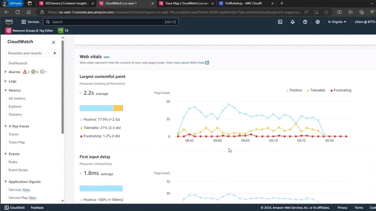 The image shows an AWS CloudWatch dashboard displaying web vitals, including metrics for "Largest Contentful Paint" and "First Input Delay," with graphs indicating performance levels categorized as positive, tolerable, and frustrating.