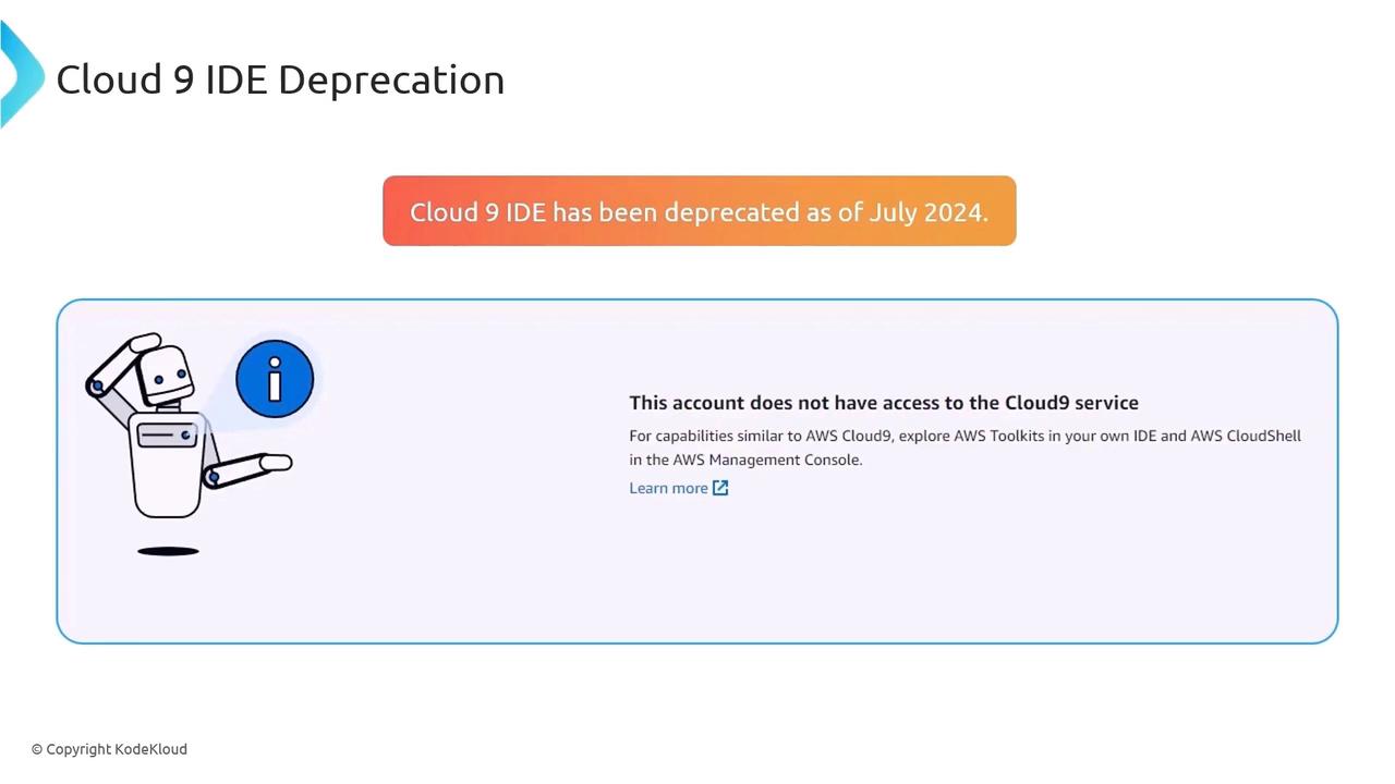 The image announces the deprecation of Cloud 9 IDE as of July 2024 and informs that the account does not have access to the Cloud9 service, suggesting alternatives like AWS Toolkits and AWS CloudShell.