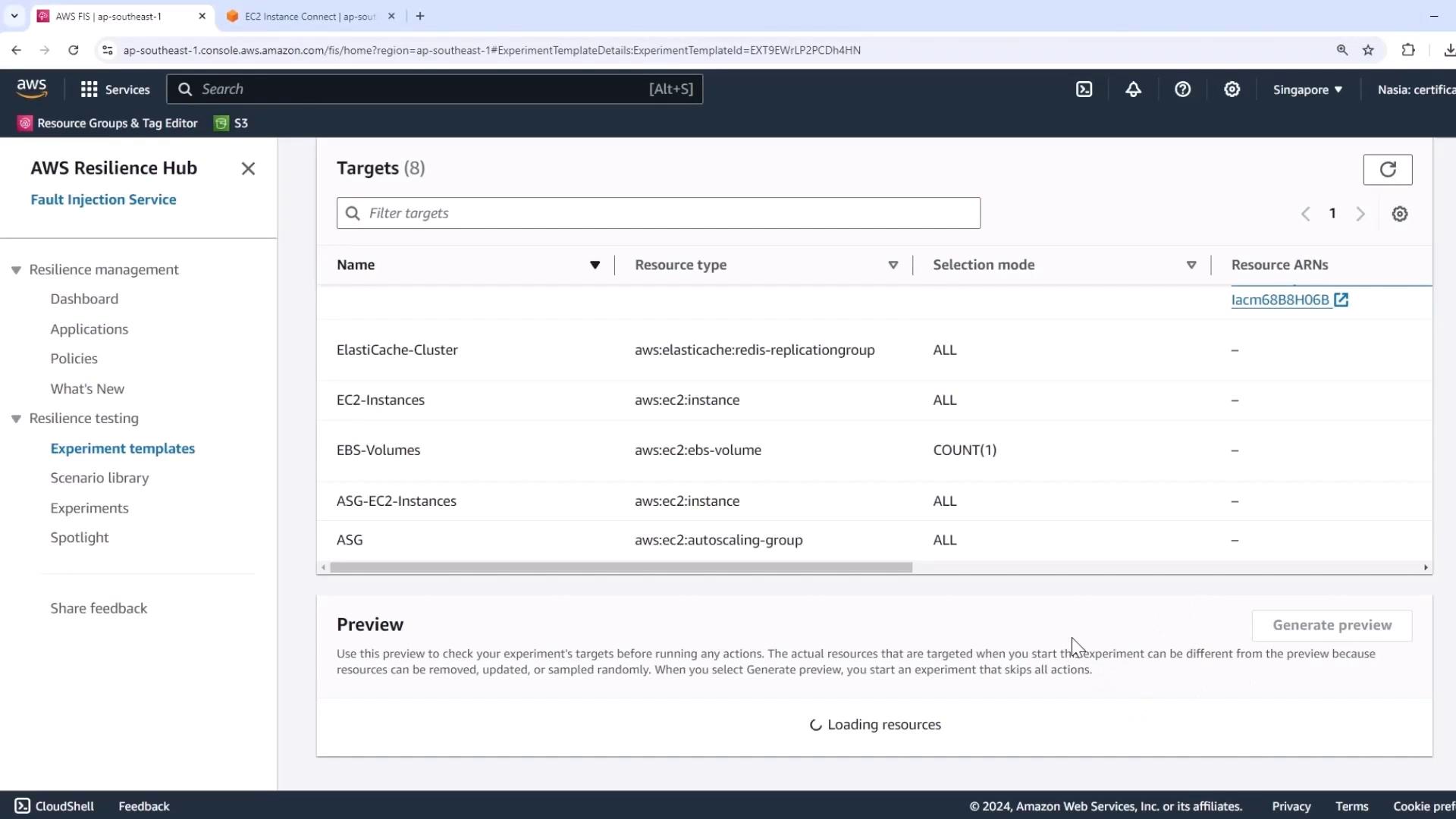 The image shows an AWS Fault Injection Simulator (FIS) interface with a list of targets for resilience testing, including ElastiCache clusters and EC2 instances. The sidebar includes options for resilience management and testing.