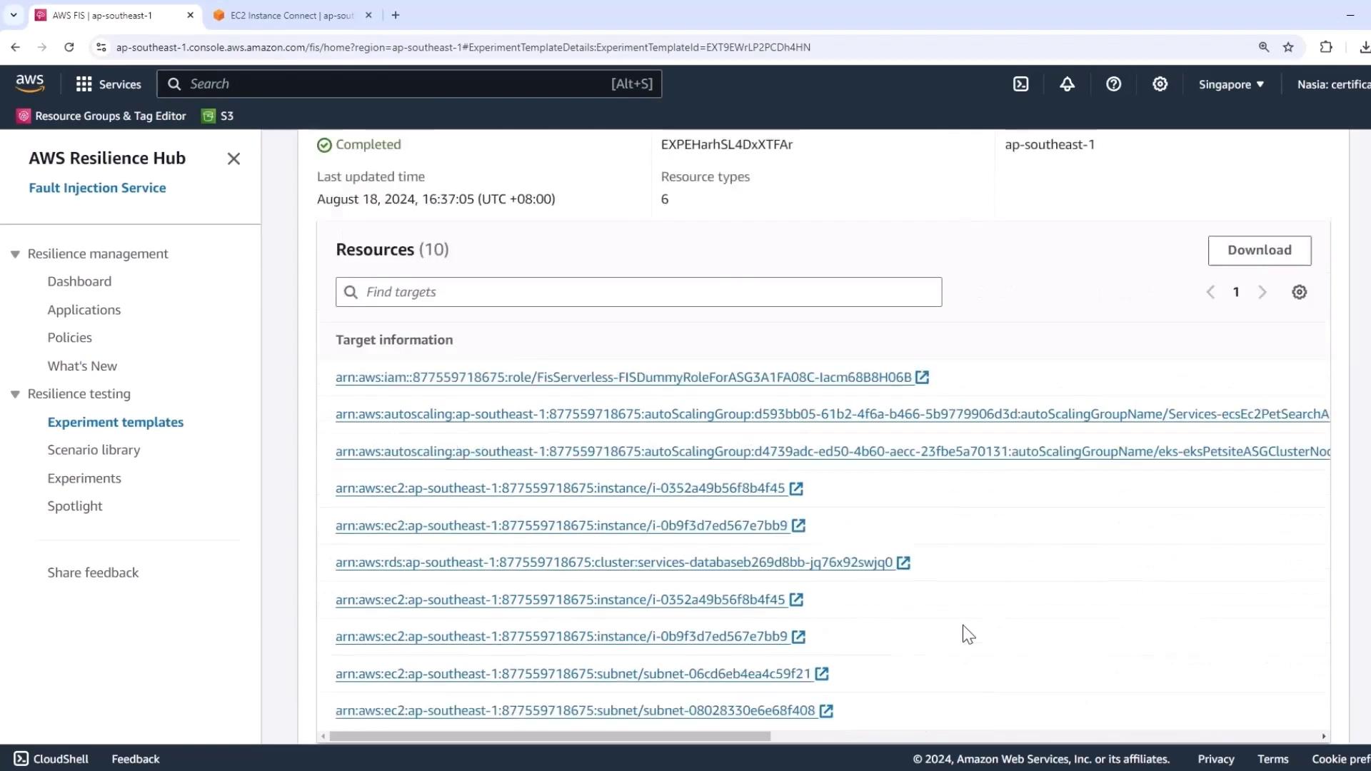 The image shows an AWS Resilience Hub interface displaying a list of resources related to a fault injection service experiment. It includes details like resource types and target information.
