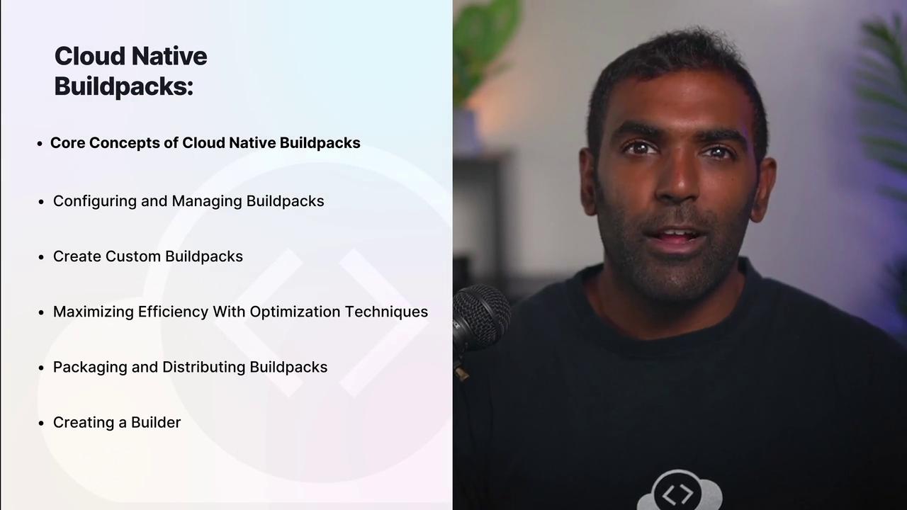 The image shows a person speaking into a microphone with a presentation slide on the left listing topics related to "Cloud Native Buildpacks," such as core concepts, configuring, creating custom buildpacks, and optimization techniques.