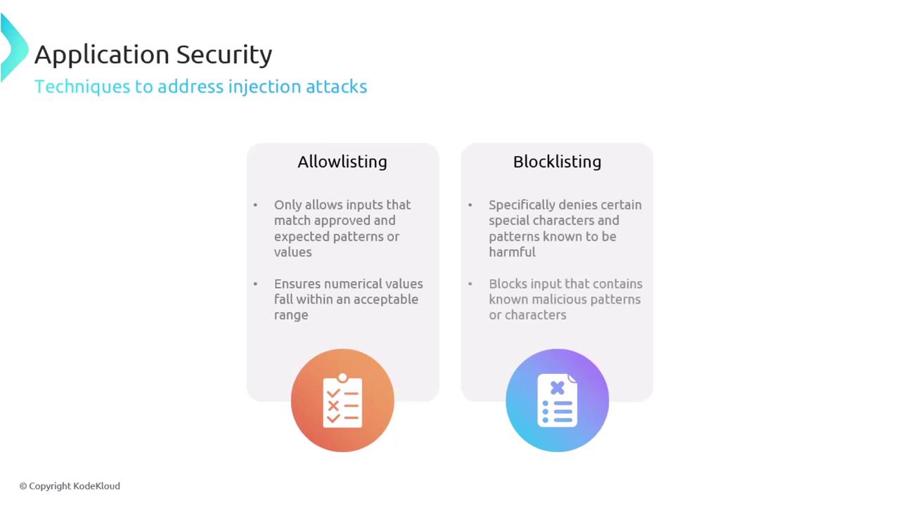 The image is a comparison of allowlisting and blocklisting techniques for addressing injection attacks in application security. It highlights the differences in how each method handles input validation.