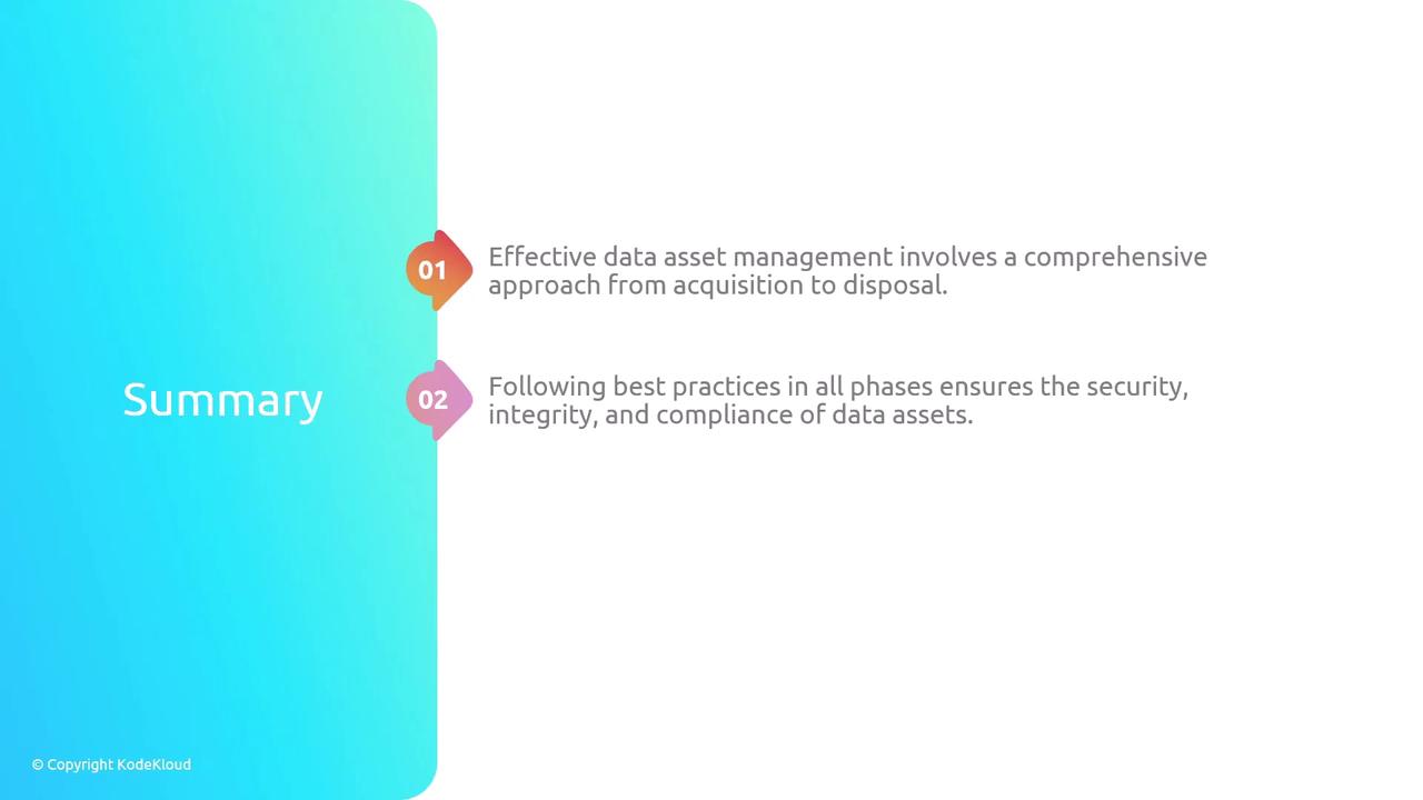 The image is a summary slide highlighting two key points about data asset management: a comprehensive approach from acquisition to disposal, and the importance of best practices for security, integrity, and compliance.