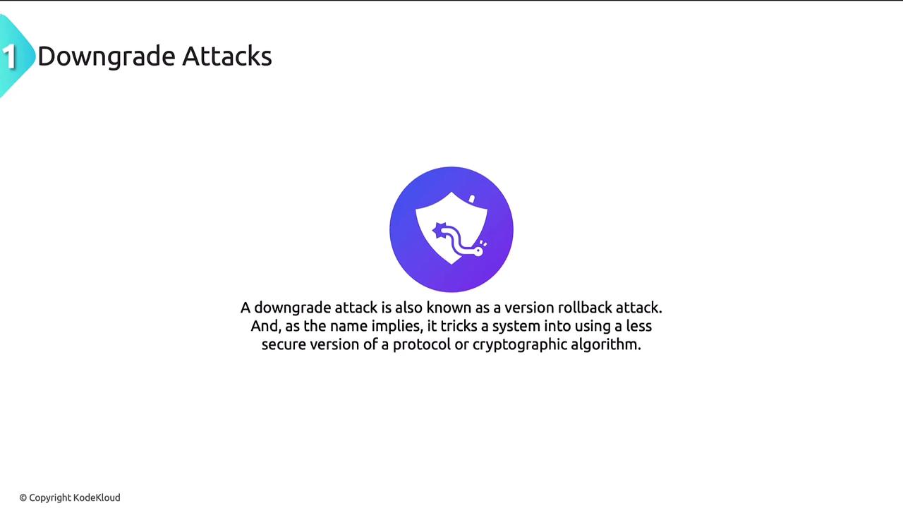 The image explains "Downgrade Attacks," describing them as version rollback attacks that trick systems into using less secure protocol versions. It includes a shield icon with a snake.