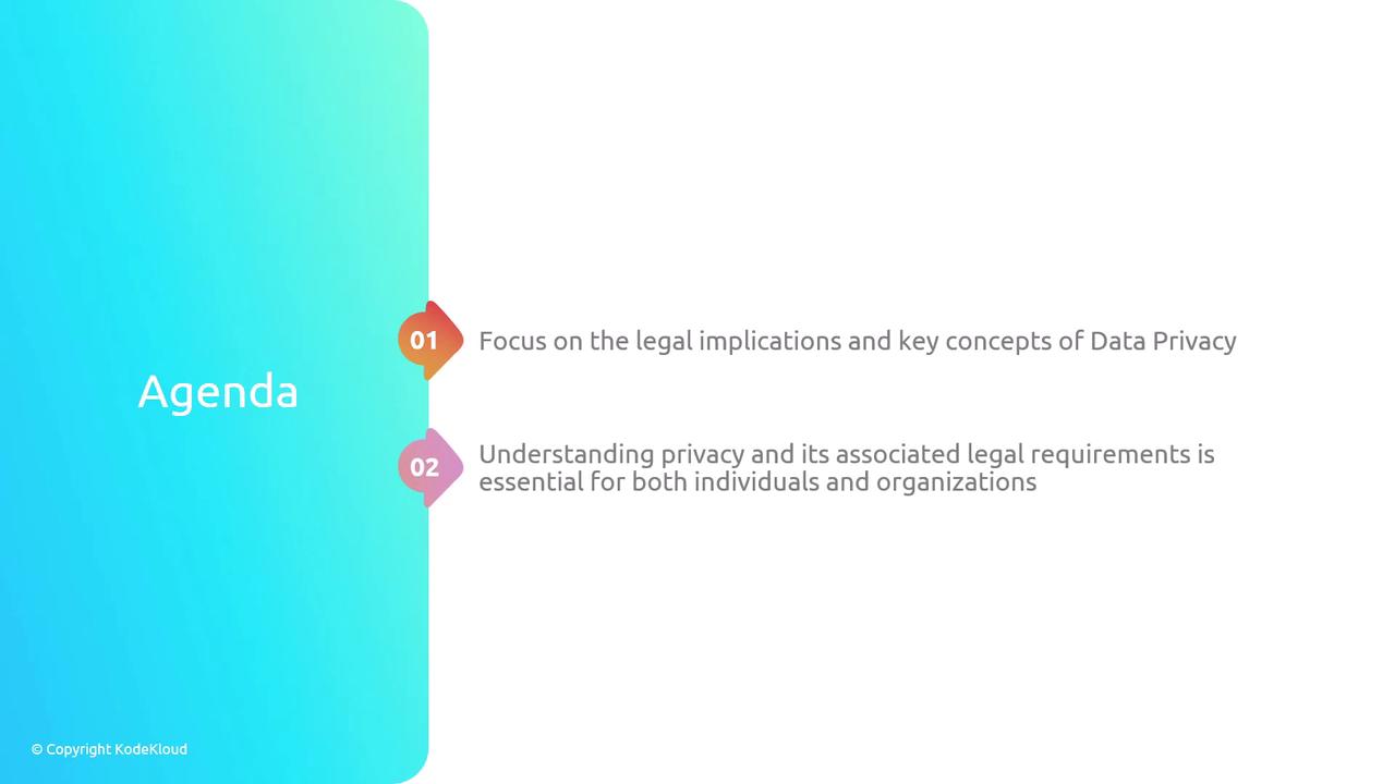 The image is an agenda slide with two points: focusing on the legal implications and key concepts of data privacy, and understanding privacy and its legal requirements for individuals and organizations.
