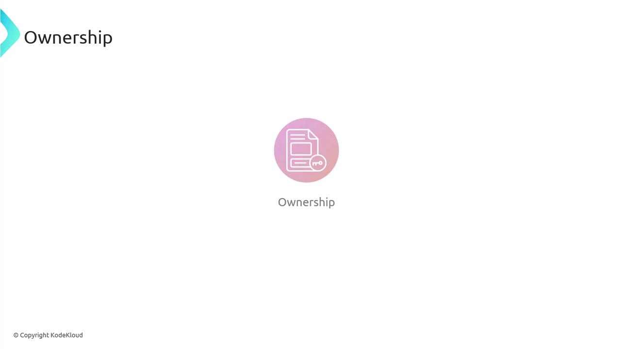 The image features a pink circle with an icon of documents and a key, labeled "Ownership," on a white background. The word "Ownership" is also written in the top left corner.