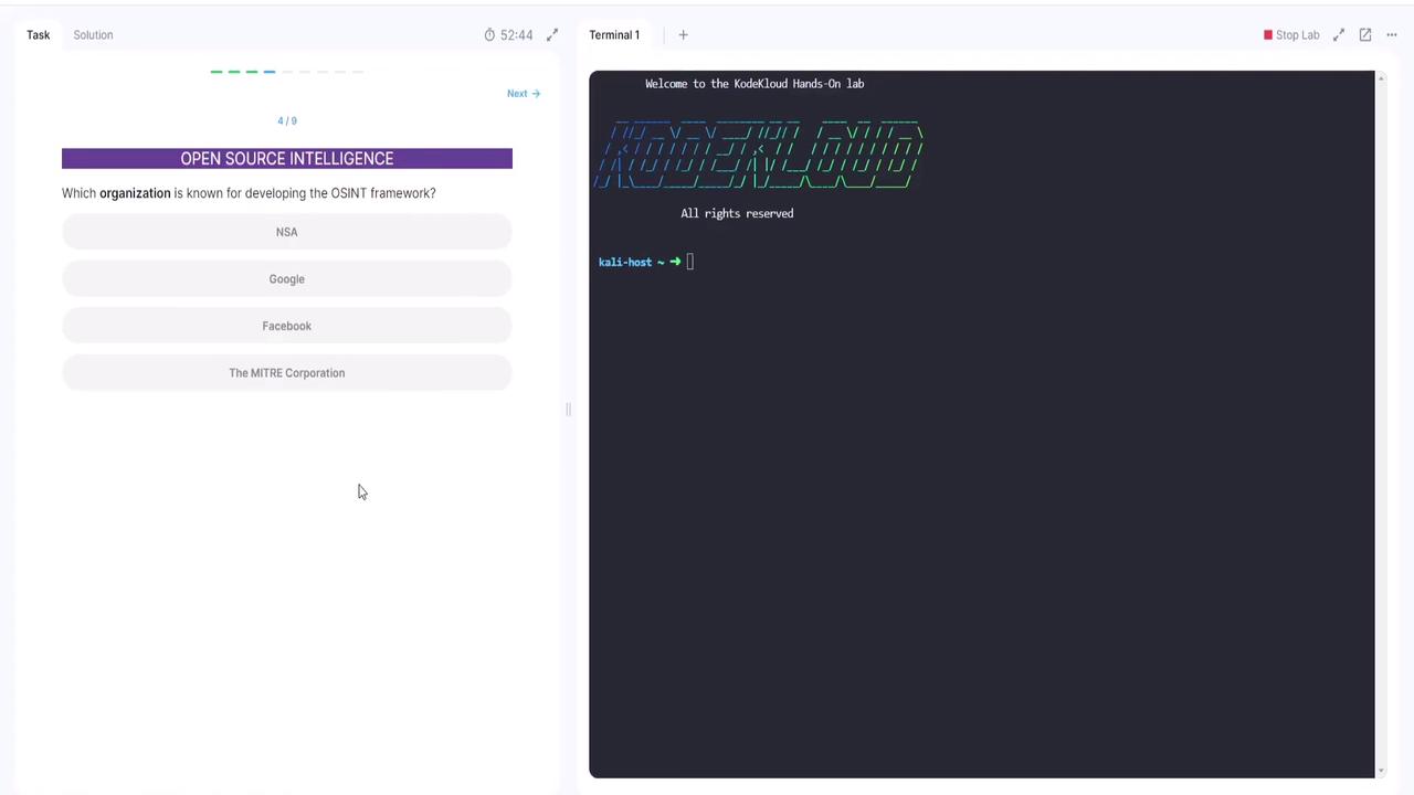 The image shows a split screen with a multiple-choice question about the OSINT framework on the left and a terminal window with "KodeKloud" branding on the right.