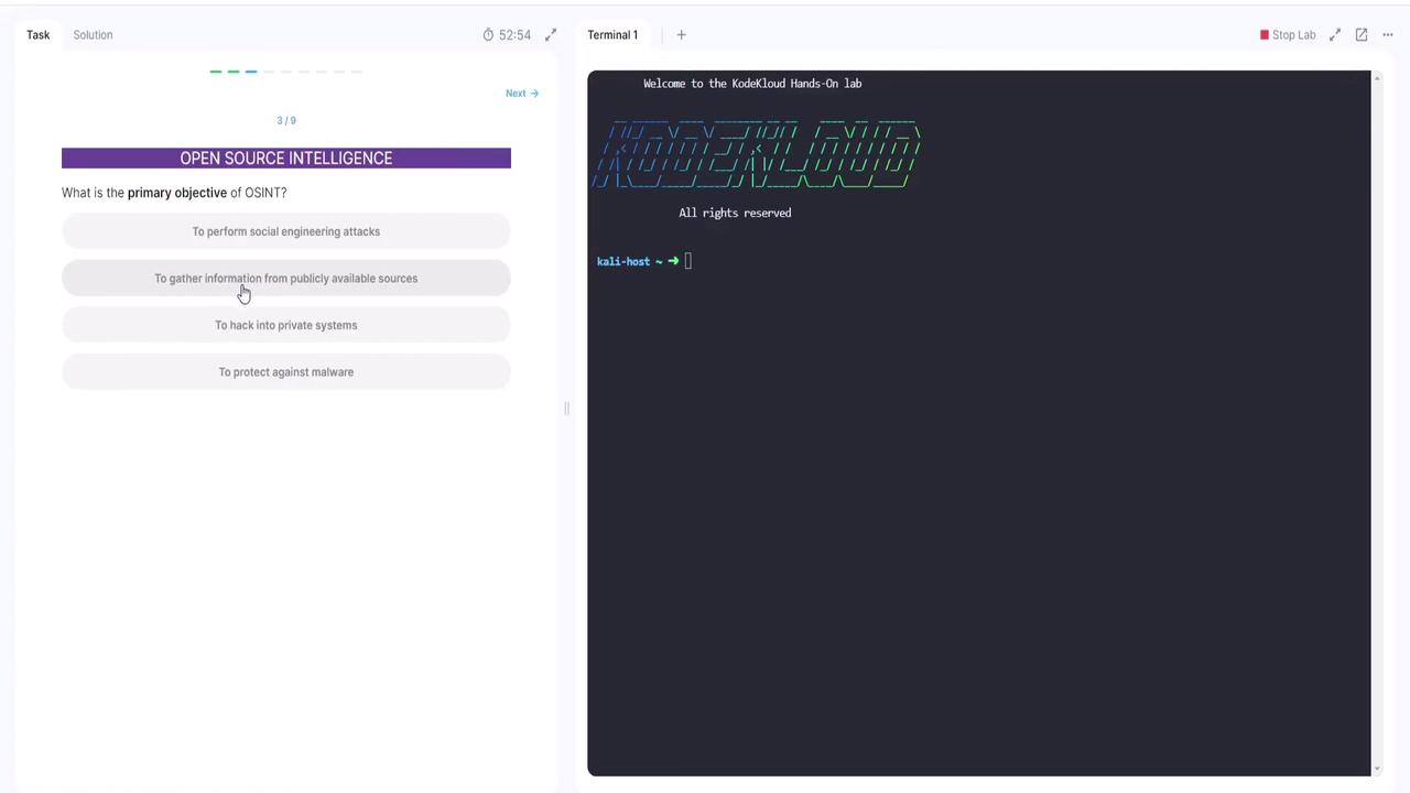 The image shows a split screen with a multiple-choice question about the primary objective of OSINT on the left and a terminal window with a welcome message to the KodeKloud Hands-On lab on the right.