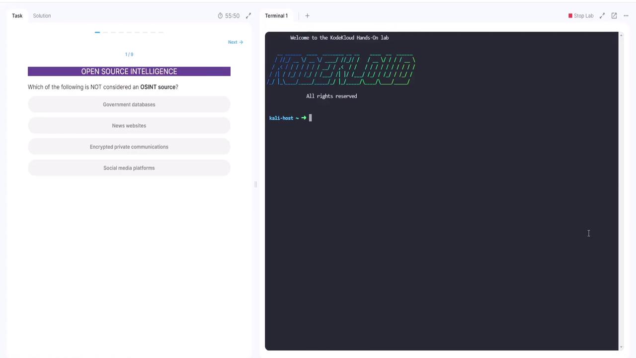 The image shows a split screen with a multiple-choice question about OSINT sources on the left and a terminal window with a welcome message to a lab on the right.