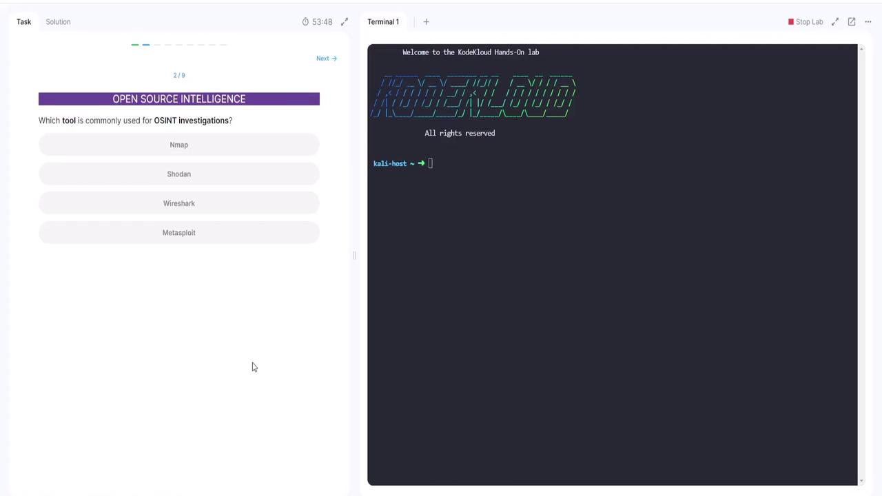 The image shows a question about which tool is commonly used for OSINT investigations, with options including Nmap, Shodan, Wireshark, and Metasploit. On the right, there's a terminal window with "Welcome to the KodeKloud Hands-On lab" displayed.