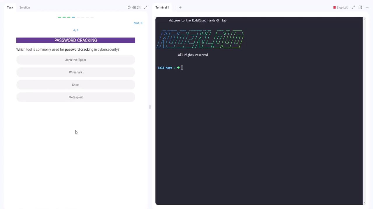 The image shows a cybersecurity quiz question about password cracking tools, with options including "John the Ripper," and a terminal window displaying a welcome message for a hands-on lab.