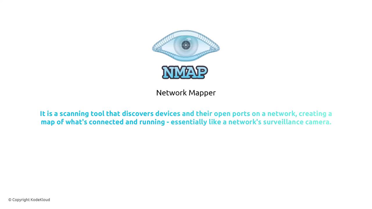 The image features the Nmap logo with a description stating it is a network scanning tool that discovers devices and open ports, creating a map of network connections.