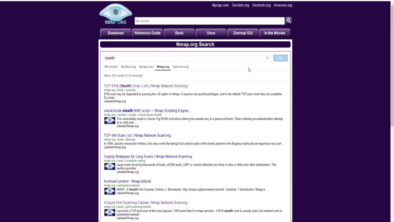 The image shows a search results page from the Nmap.org website, displaying results for the query "stealth" related to network scanning techniques. The page has a dark purple theme with navigation options at the top.