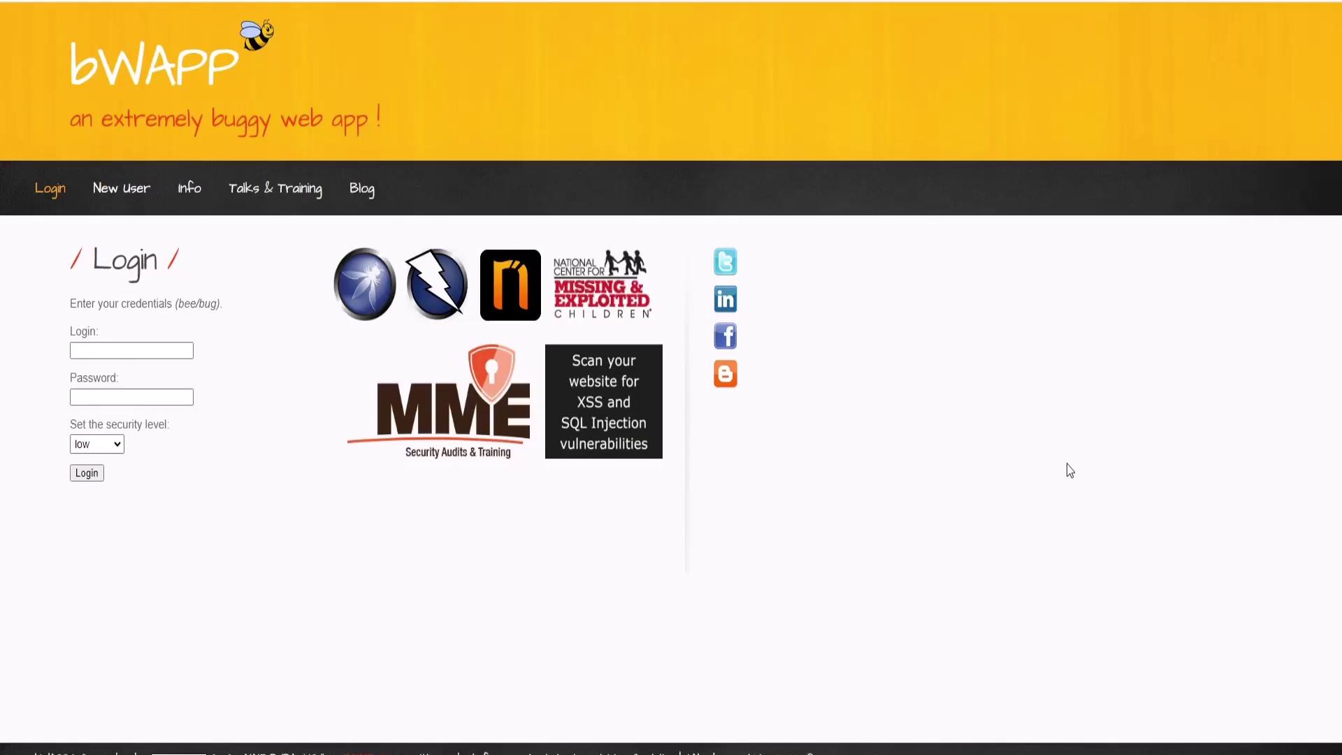 The image shows a login page for "bWAPP," a web application described as "an extremely buggy web app." It includes fields for login credentials, a security level setting, and various logos and social media icons.