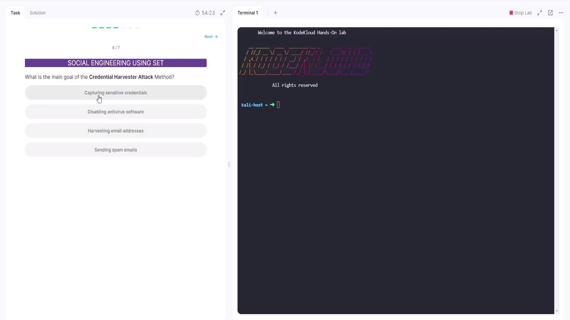The image shows a question about the main goal of the Credential Harvester Attack Method with multiple-choice answers, alongside a terminal window displaying a welcome message to the KodeKloud Hands-On lab.